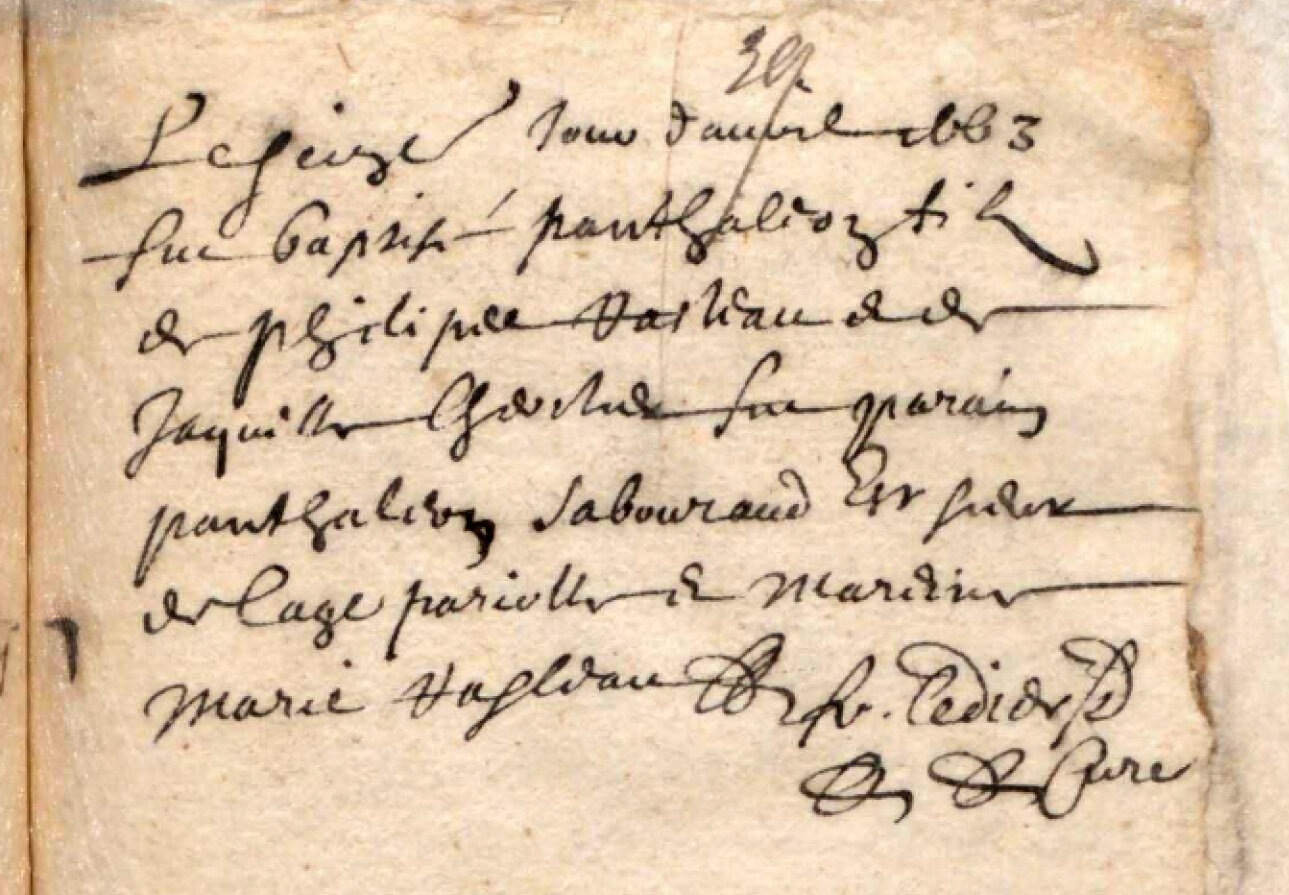 1663 baptism of Pantaléon "Pierre" Raleau (Archives départementales des Deux-Sèvres et de la Vienne)