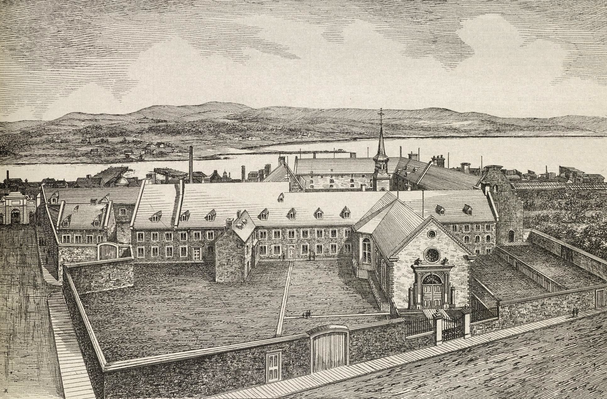 « Vue à vol d'oiseau de l'Hôtel-Dieu de Québec », vers 1877 (Bibliothèque et Archives nationales du Québec). 