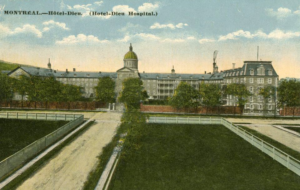 Carte postale de l'Hôtel-Dieu de Montréal, réalisée entre 1903-1930 (Bibliothèque et Archives nationales du Québec). 