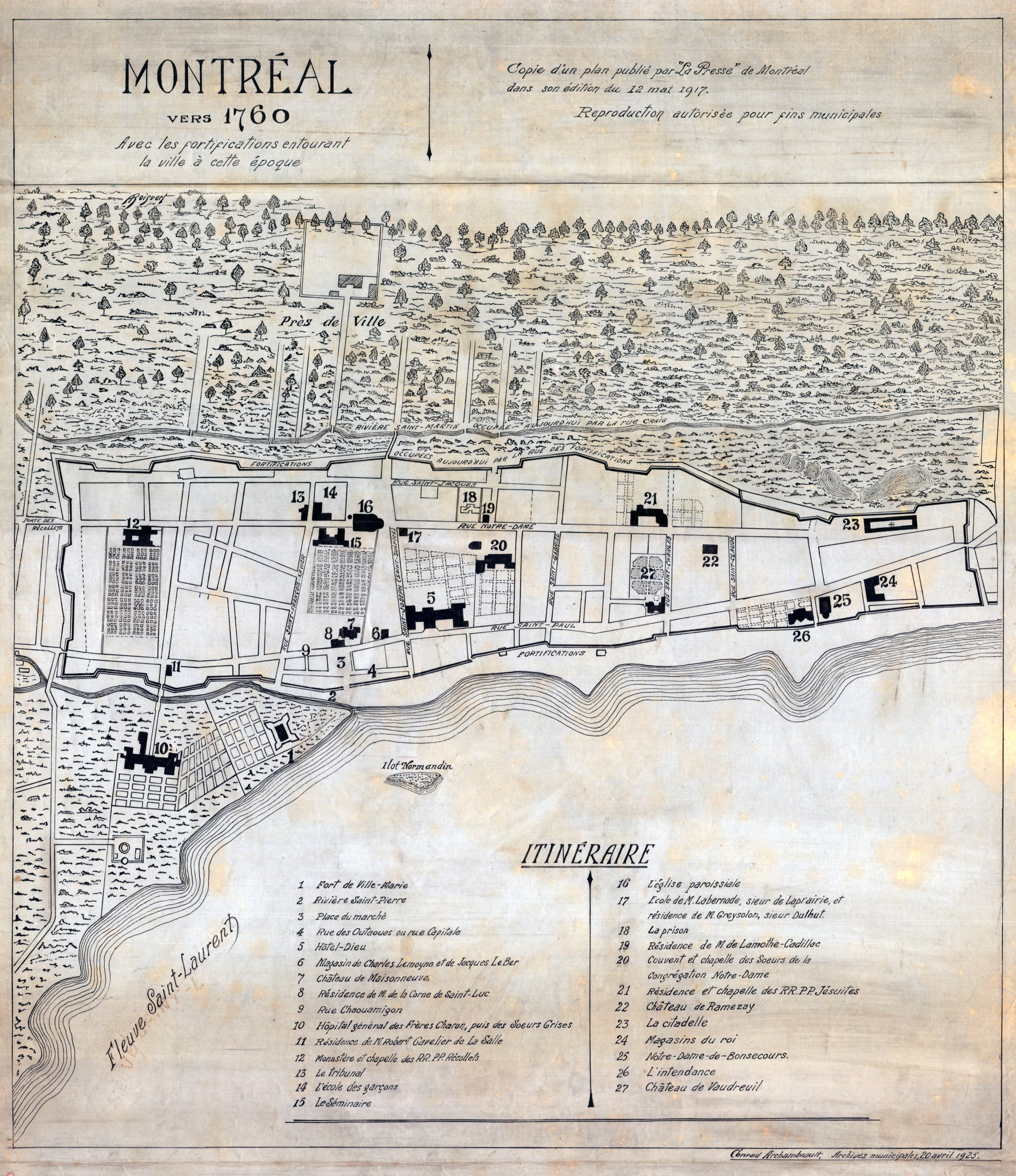 « Montréal vers 1760. Avec les fortifications entourant la ville à cette époque » (Archives de la Ville de Montréal). 