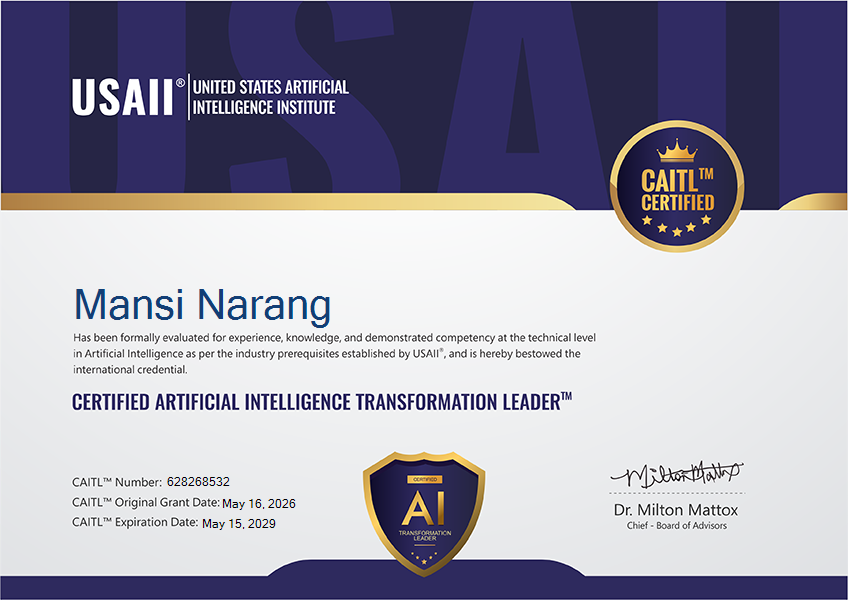 Certificate of AI certification for Mansi Narang from USAII, with a gold seal and signature from Dr. Milton Mattox.