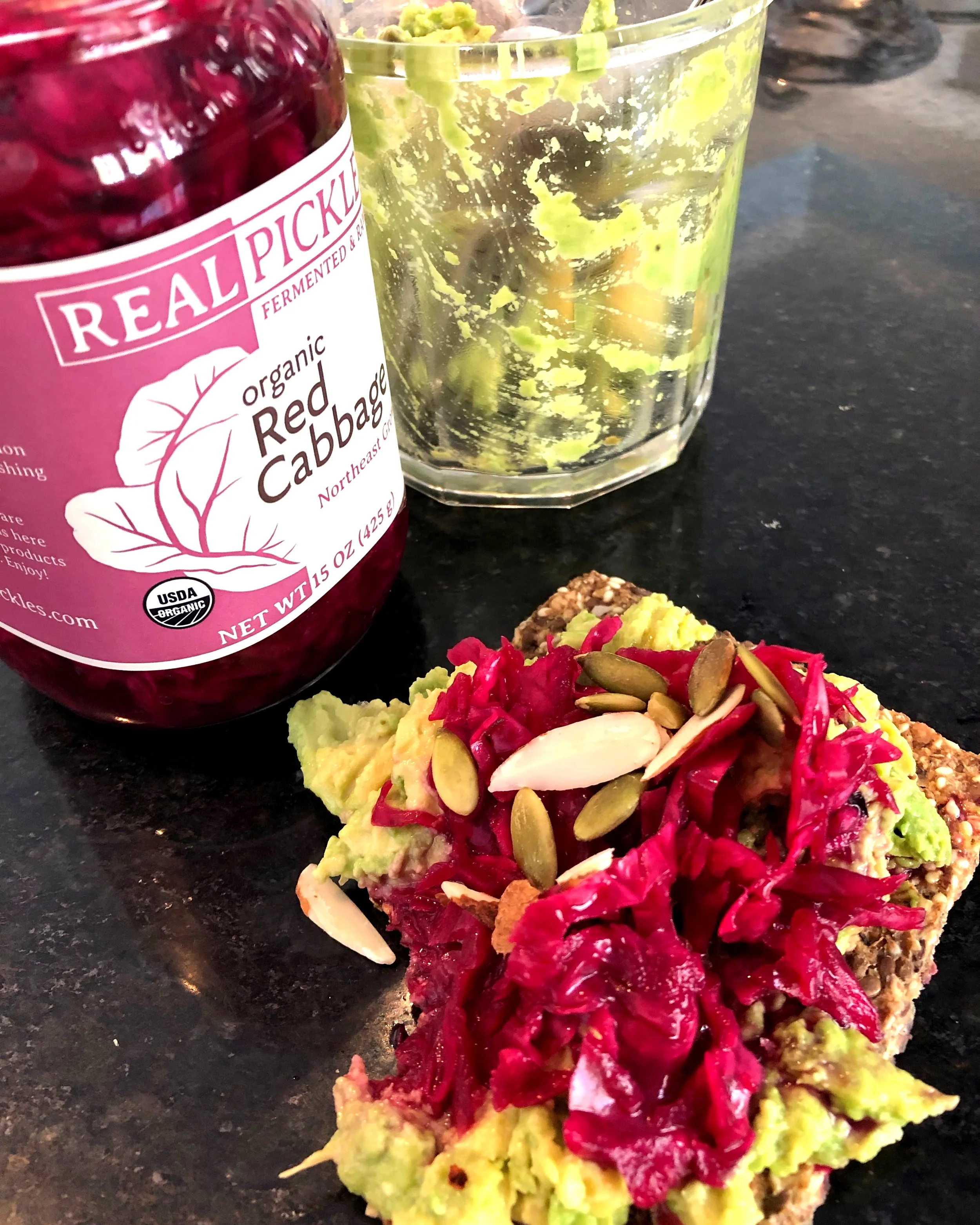 Avocado mash with pickled red cabbage and mixed nuts slathered on a Trader Joe’s GF Crispbread is nutritional nirvana!