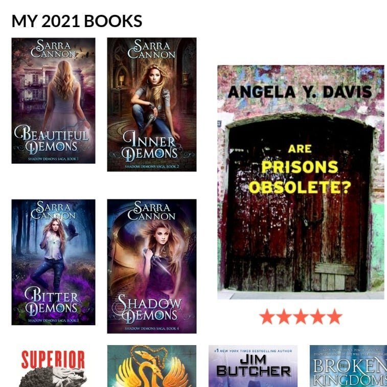 I'm a few days late, but here's my 2021 reading roundup! I didn't read many books last year, but they were a pretty varied bunch.

--Indies--

I read two indie series last year: the SHADOW DEMONS SAGA by @sarracannon and the SANTA CRUZ WITCH ACADEMY 