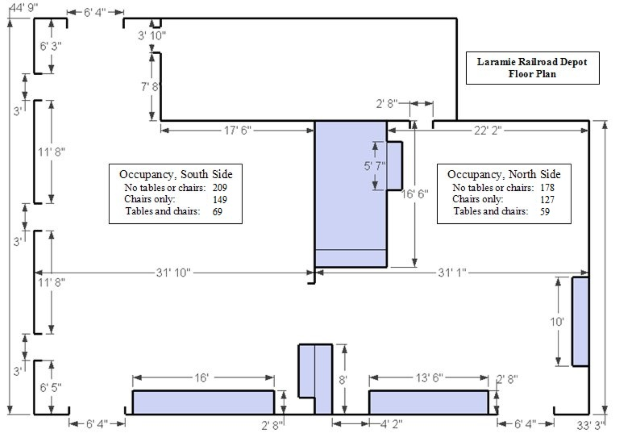 Floorplan of the rental area. Main entrance to the bottom left, restrooms to the left.