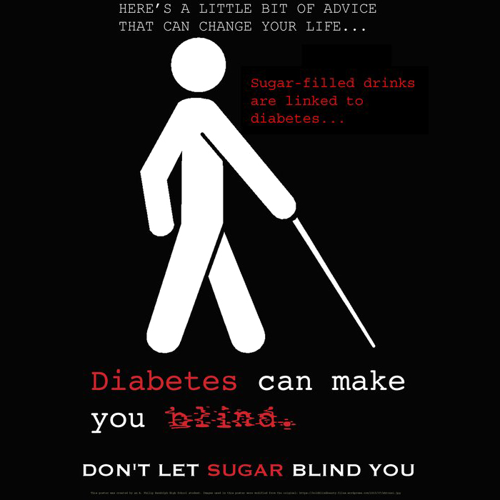 Image created by a student from A. Philip Randolph Highschool that targets sugary beverages and discusses the link between sugary beverage intake, diabetes, and blindness.