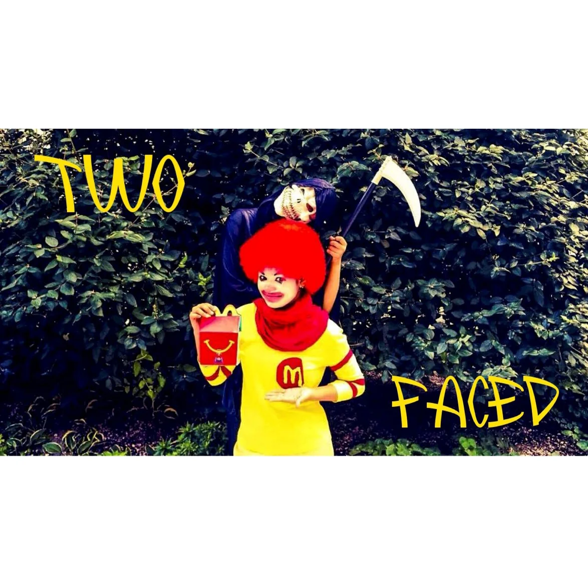 Image developed by Youth Food Educators students for their campaign "Two Faced' which exposed the two sides of Ronald McDonald--the happy, friendly, clown, and the deceptive, scary grim reaper that encourages children to eat unhealthy McDonalds.