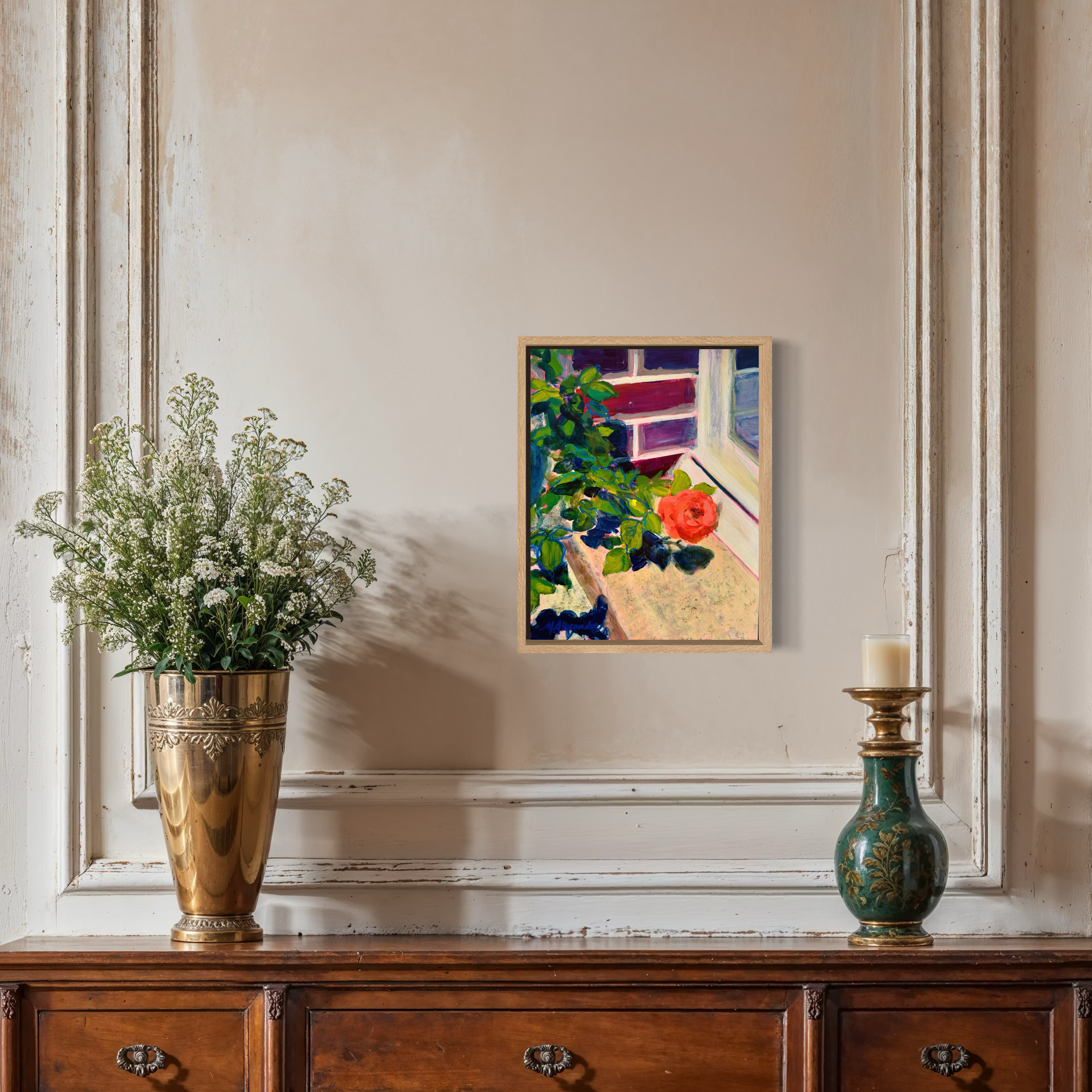 'The Bloom' original acrylic and oil pastel on cradled wood panel rose windowsell painting by Molly Alexander, 11x14 inches, Carlsbad CA artist