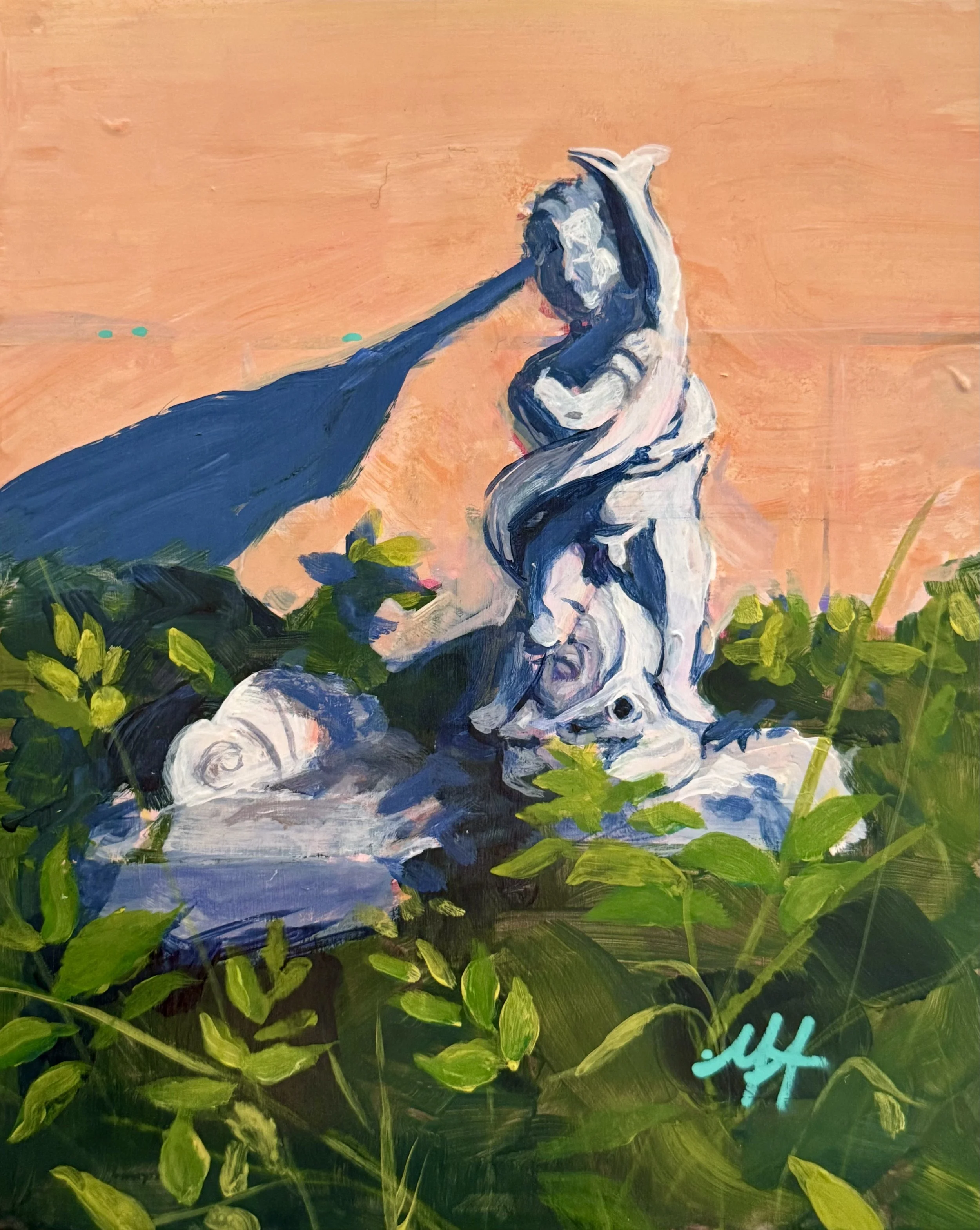 'Studio Commute'  original acrylic and oil pastel garden statue painting by Molly Alexander 8x10 inches, Carlsbad CA Artist