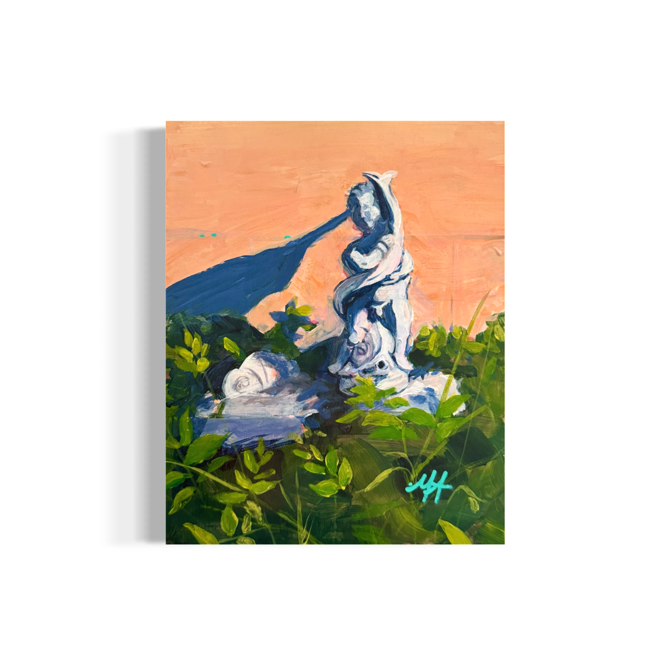 'Studio Commute'  original acrylic and oil pastel garden statue painting by Molly Alexander 8x10 inches, Carlsbad CA Artist