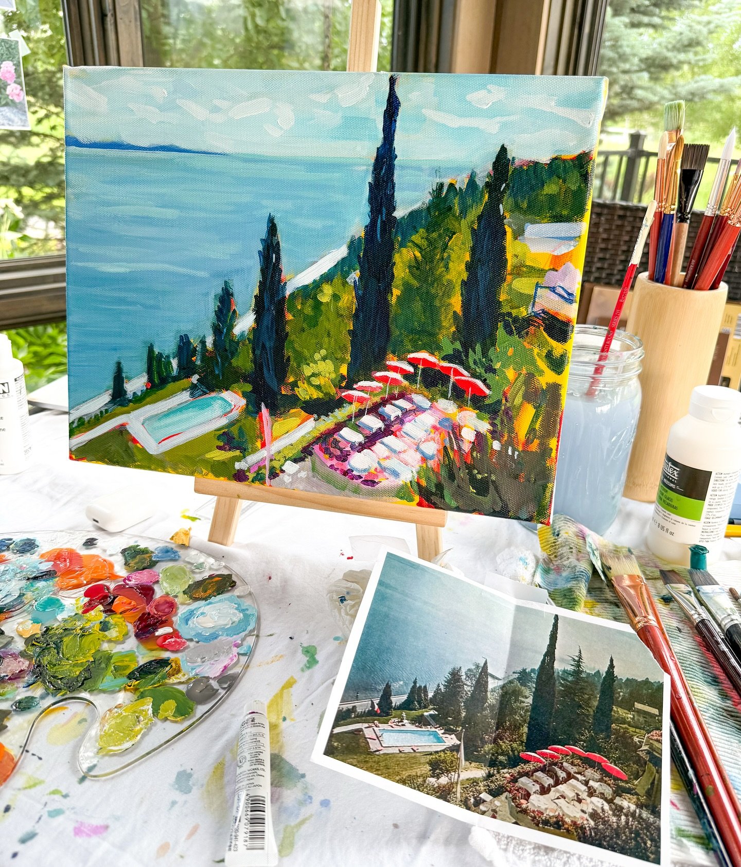 Work in Progress 🙌🏼🤗 So inspired by my grandma&rsquo;s sketchbooks and reference photos that I had to start a new series! 

* Photo reference: 🇫🇷 View from their window at Le Chateau Ombremont, Sur le Lac, France. August, 1975 🇫🇷🥖

#mollyalex