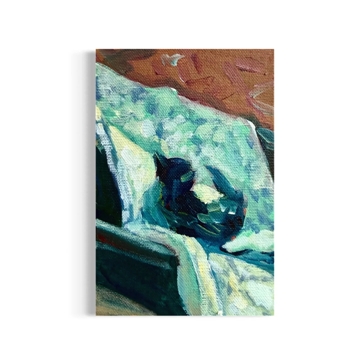 Day 27/100 Mia the cat 🐈&zwj;⬛ It&rsquo;s fun to experiment with a looser style. That&rsquo;s the beauty of these tiny squares&hellip;I&rsquo;m free to try out whatever I want without all the pressure of a giant blank canvas. 💚 

#art #linencanvas 