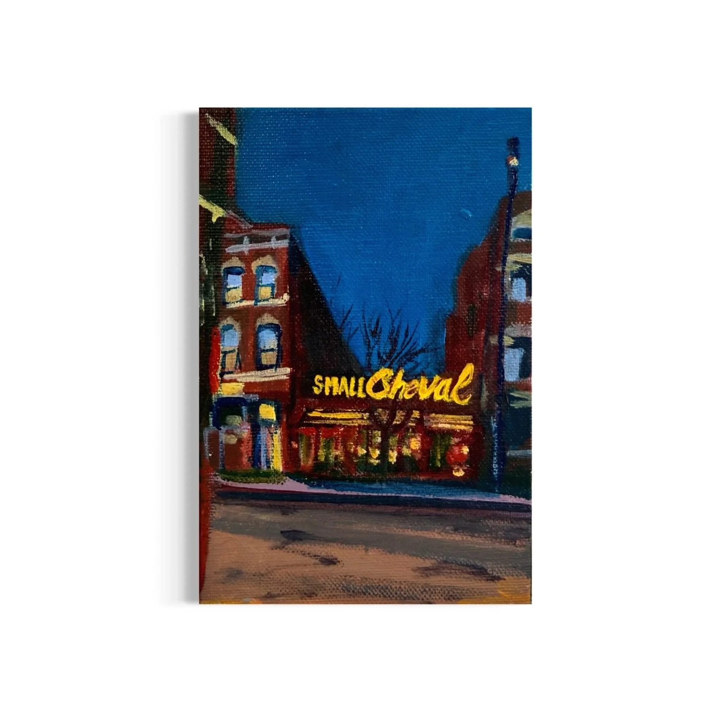 Day 39/100: Chicago&rsquo;s @smallcheval restaurant at dusk. Swipe to see the making of this one in case you missed it! 👉🏼🍔🍟 

#smallcheval #chicago #art #painting #mollyalexart