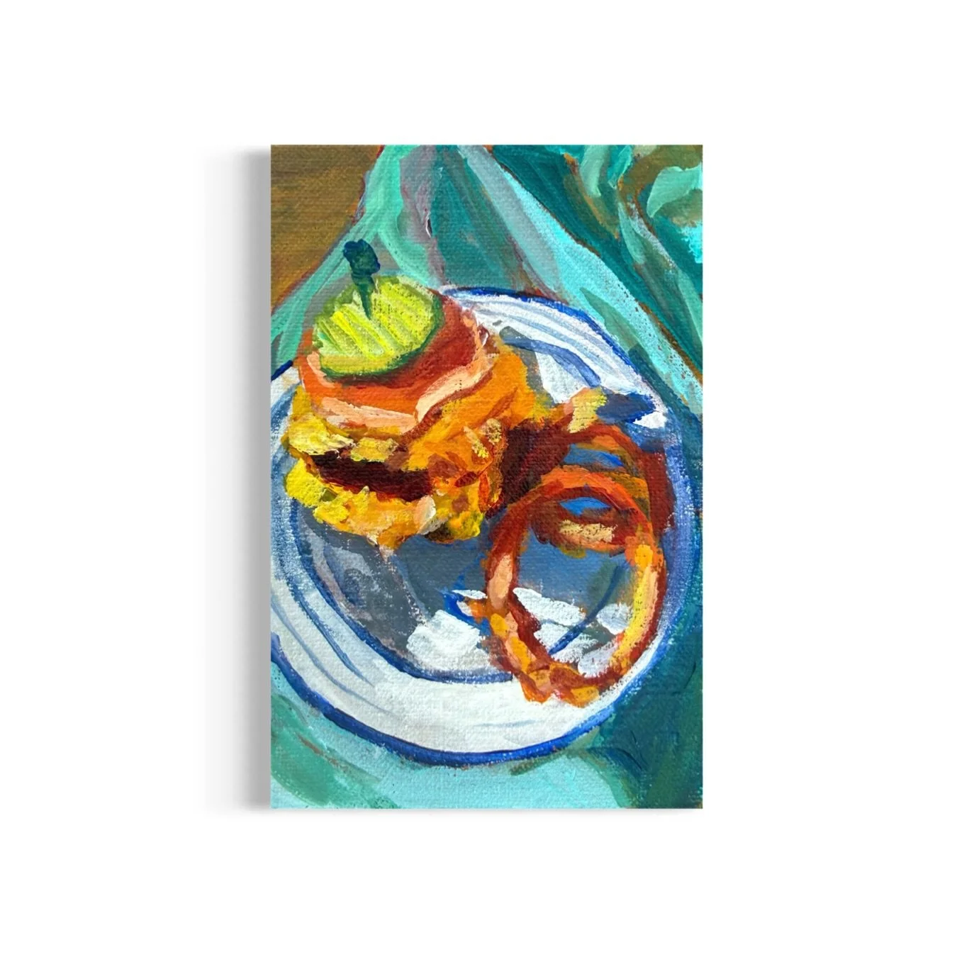 Day 54/100: Double cheeseburger slider and onion rings from @rosemariesburgers 🍔 

#cheeseburger #originalartforsale #art #mollyalexart