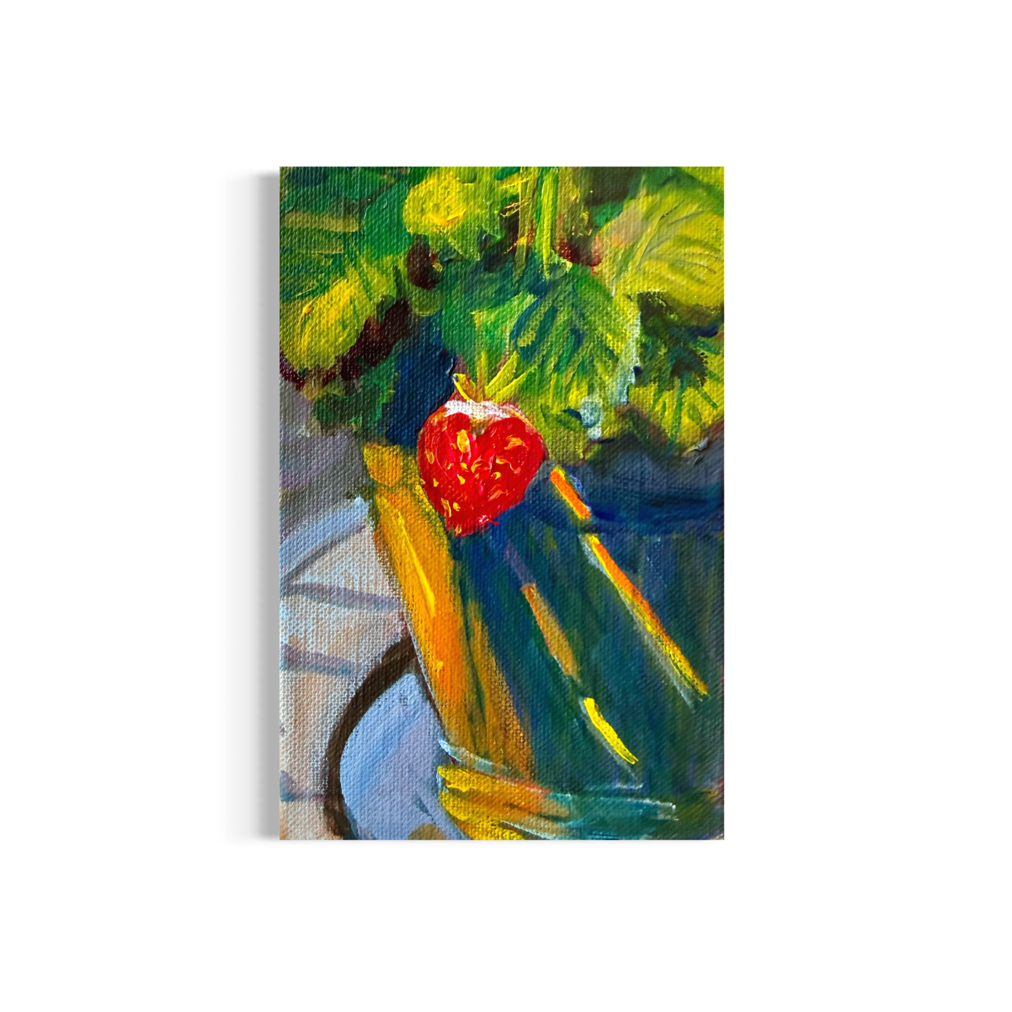 77/100: Strawberry in Pot | Original Acrylic Painting on linen board, 4x6"