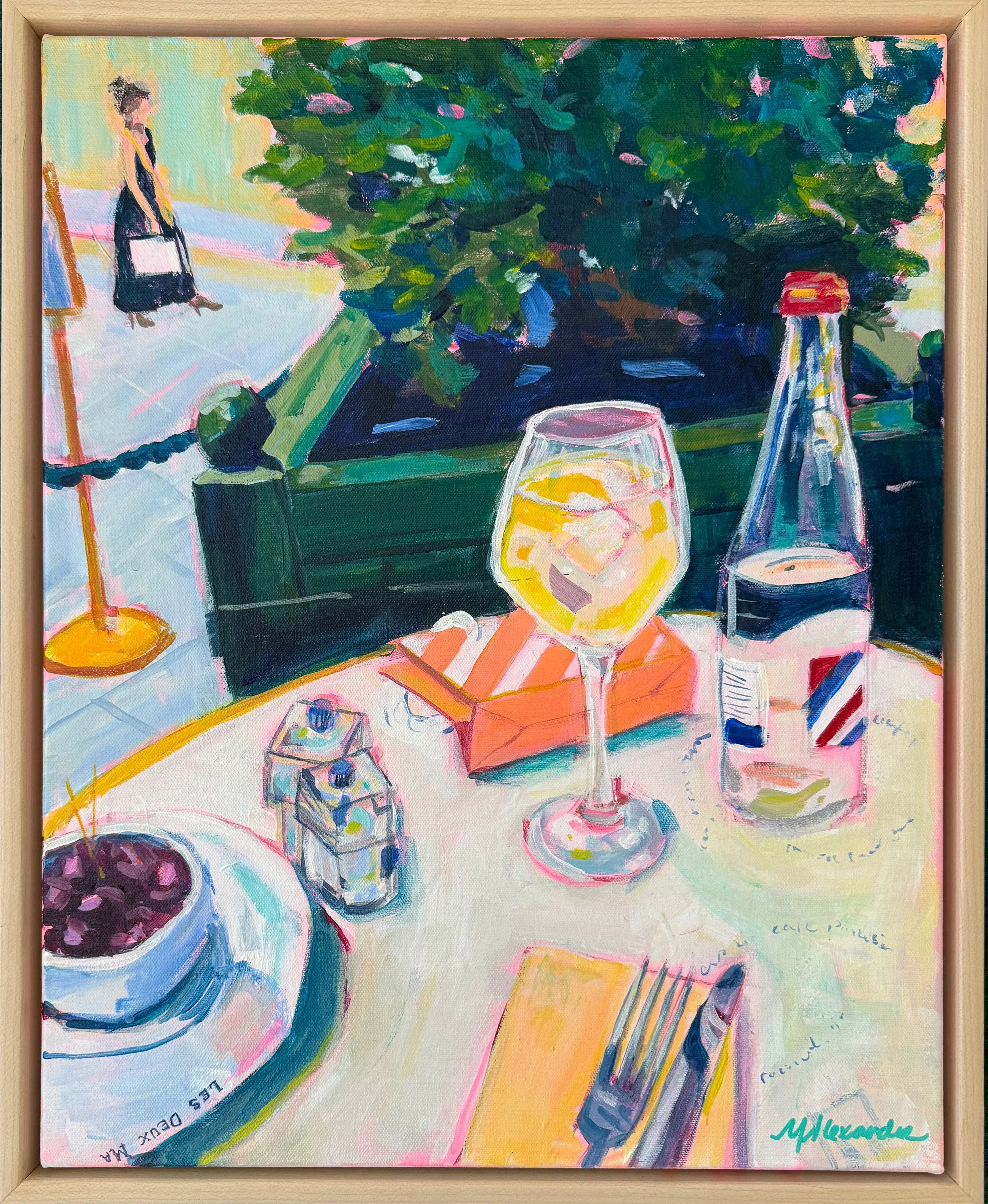 "An Afternoon at Les Deux Magots" original acrylic and oil pastel Paris cafe scene painting by Molly Alexander, 16x20 inches, framed, Carlsbad CA artist