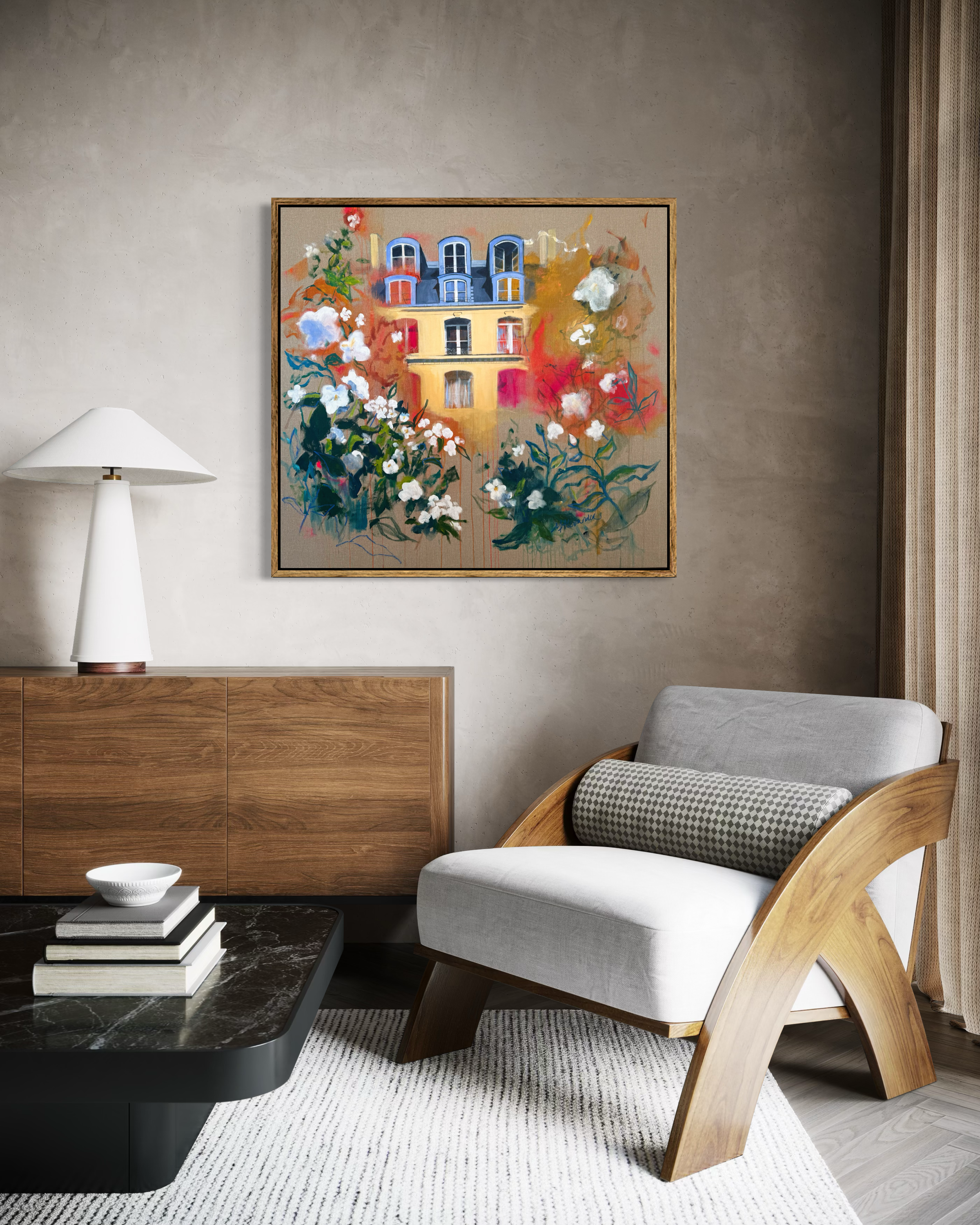 'Reflection' large original acrylic and oil pastel painting Paris Haussmann building white florals on French linen by Molly Alexander, 37x40 inches, Carlsbad CA artist