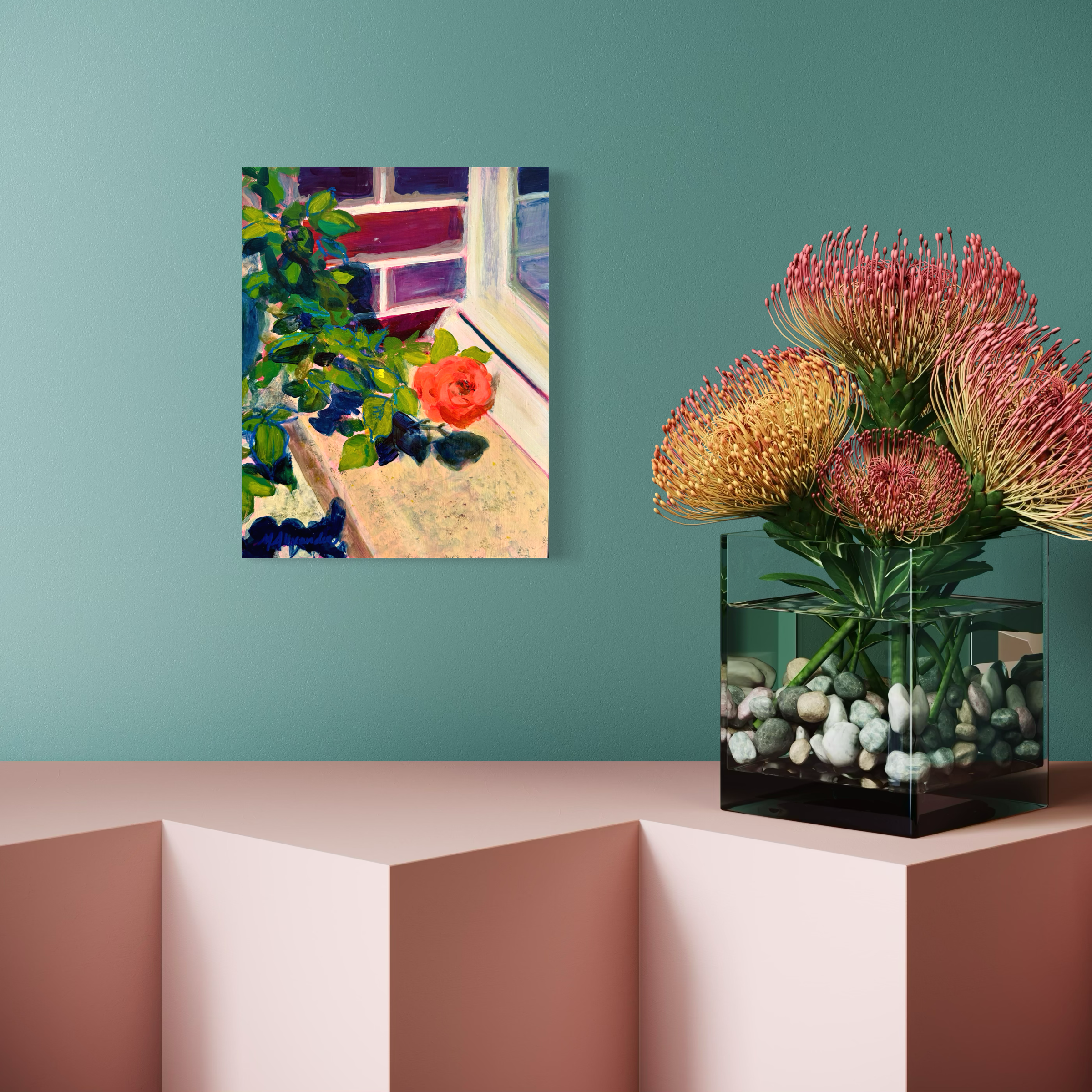 'The Bloom' original acrylic and oil pastel on cradled wood panel rose windowsell painting by Molly Alexander, 11x14 inches, Carlsbad CA artist