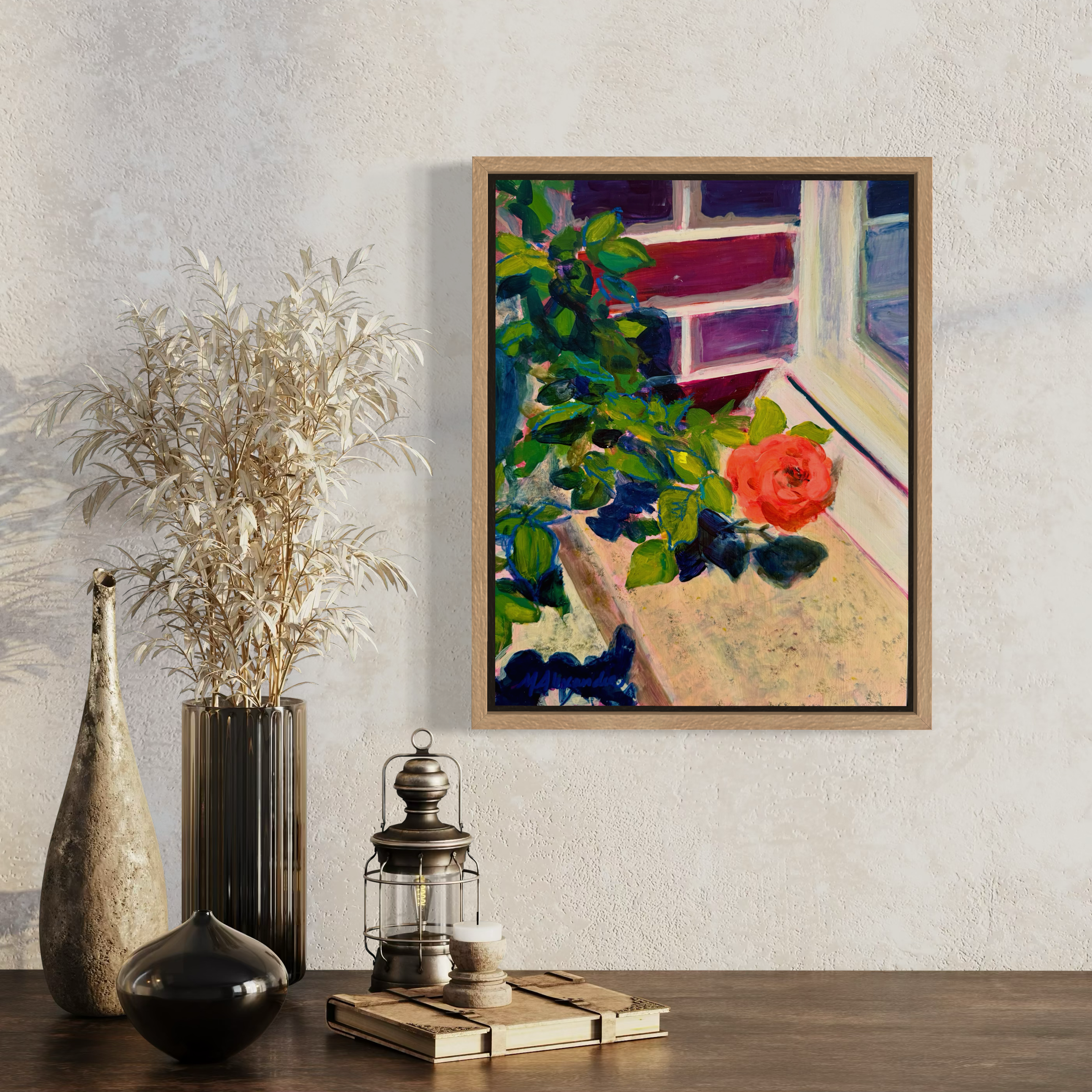 'The Bloom' original acrylic and oil pastel on cradled wood panel rose windowsell painting by Molly Alexander, 11x14 inches, Carlsbad CA artist