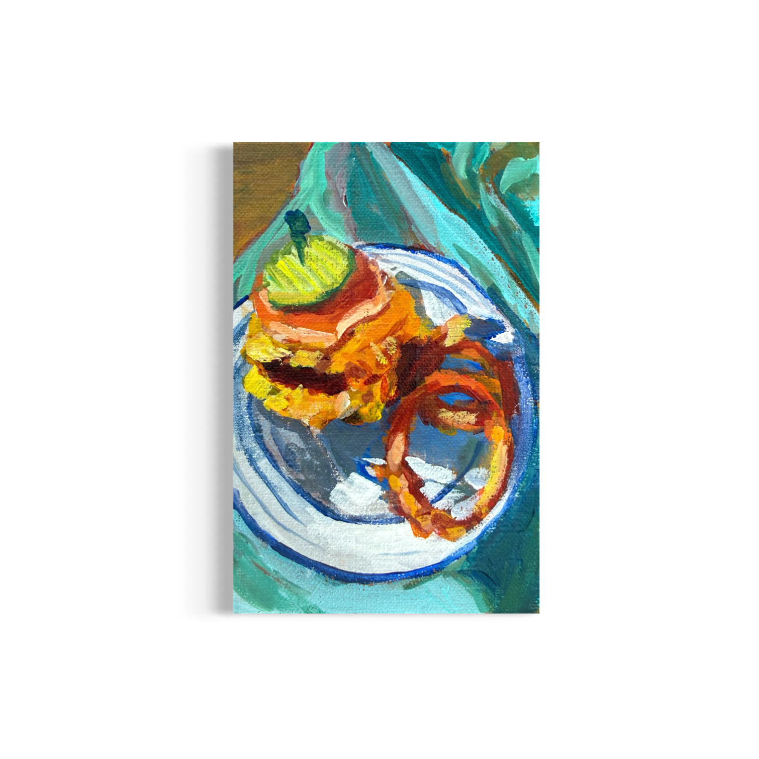 54/100: Rosemaries Cheeseburger | Original Acrylic Painting on linen board, 4x6"