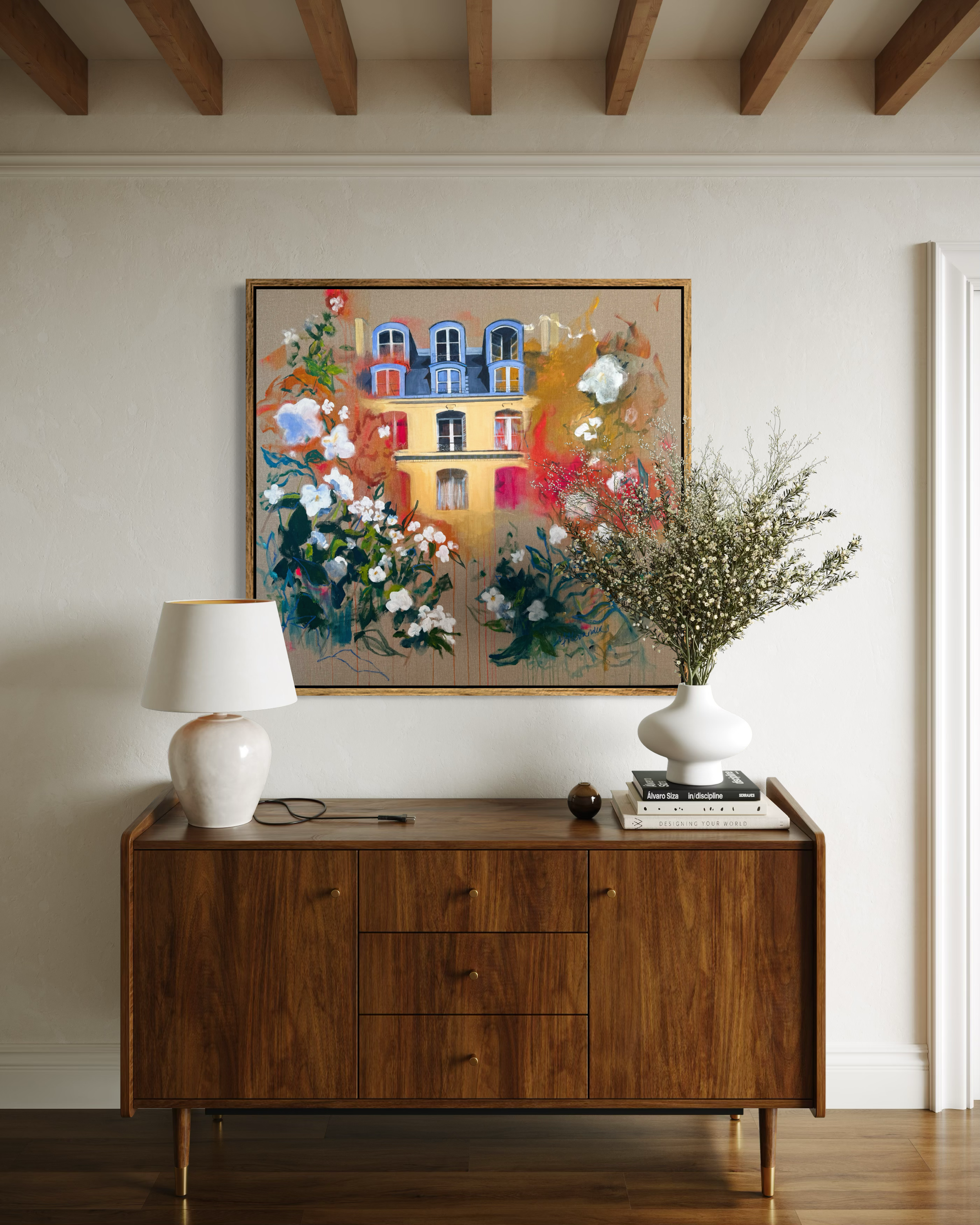 'Reflection' large original acrylic and oil pastel painting Paris Haussmann building white florals on French linen by Molly Alexander, 37x40 inches, Carlsbad CA artist