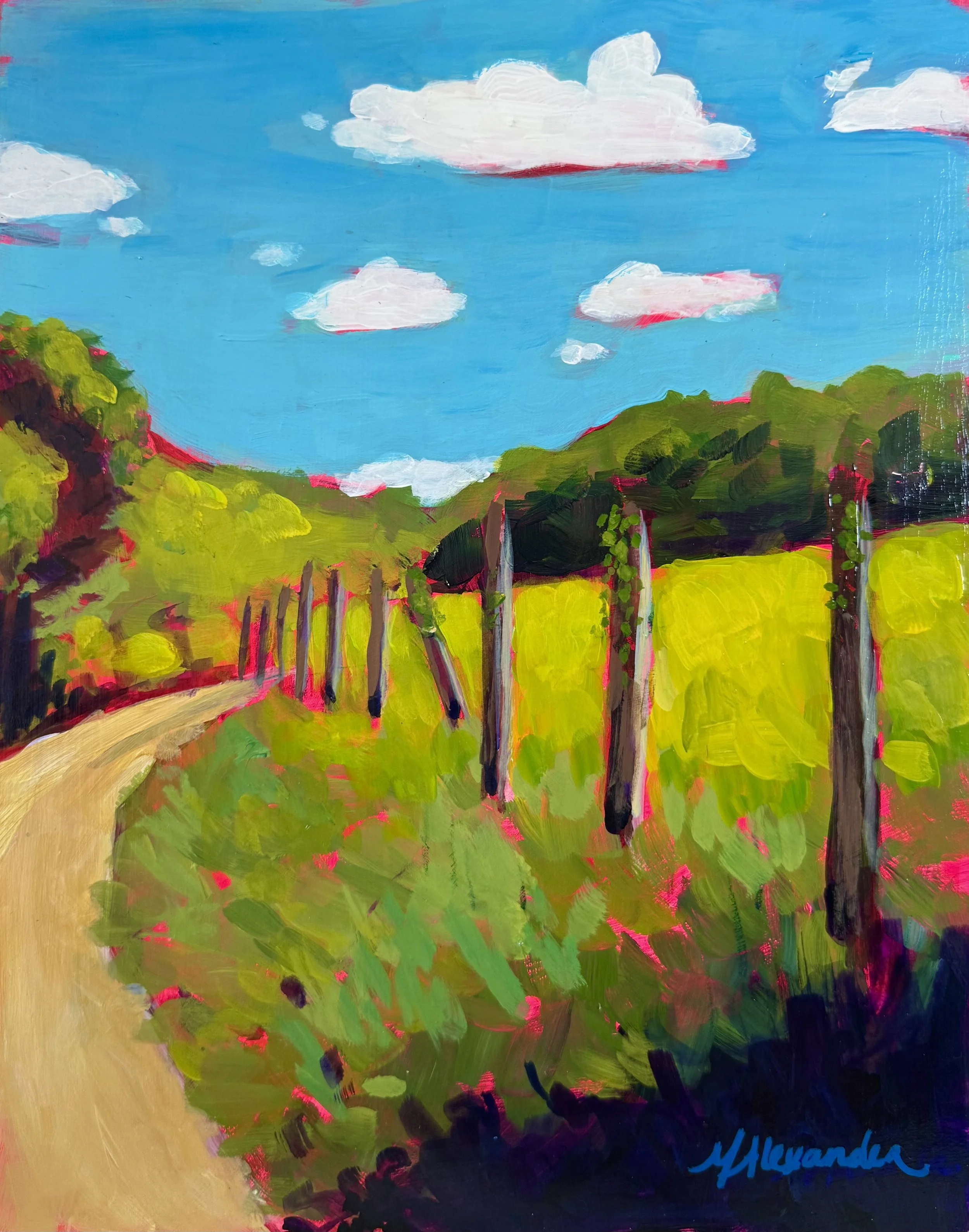 "La Marche de la Vache" original acrylic French countryside landscape painting by Molly Alexander, 11x14 inches, Carlsbad, CA artist
