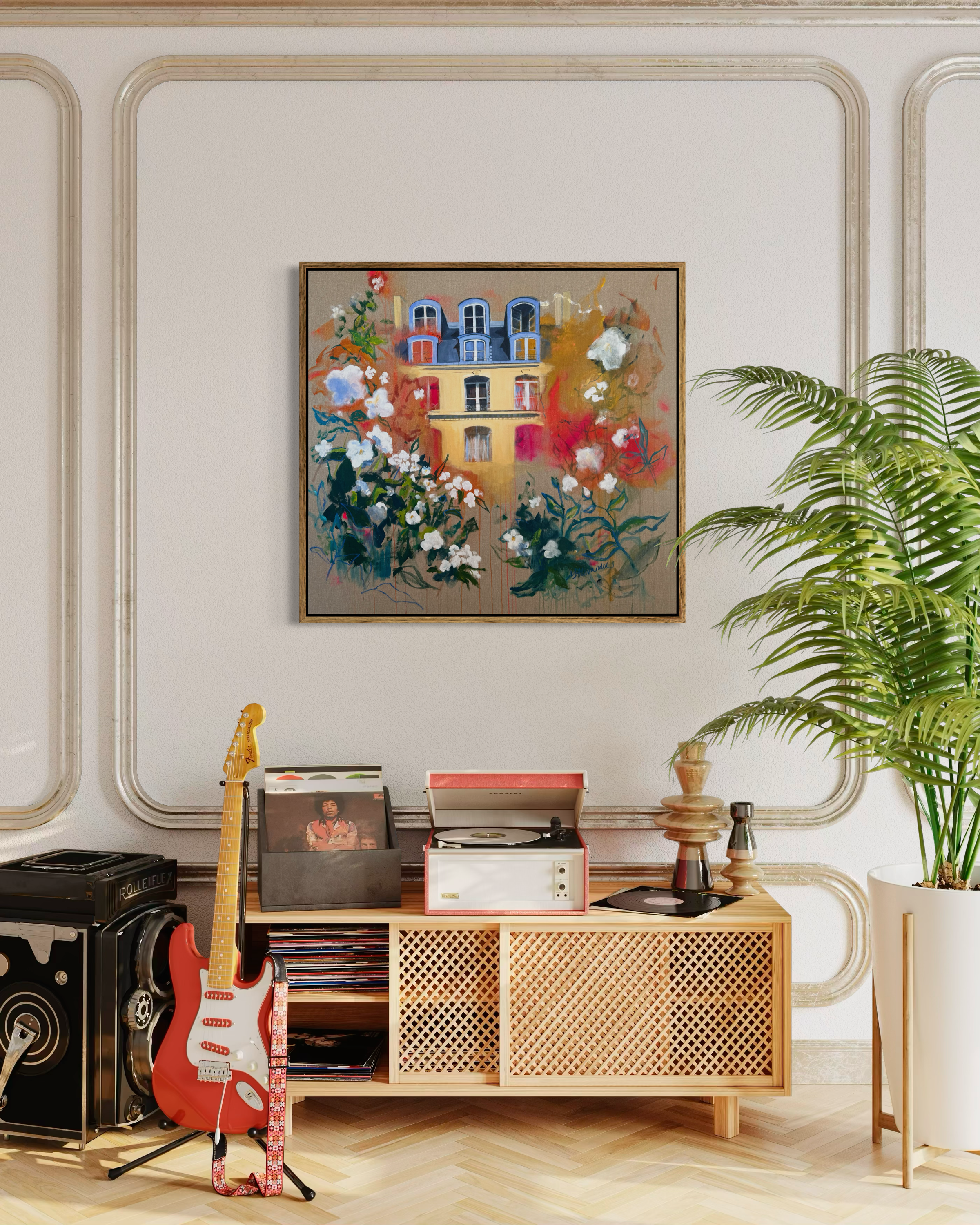 'Reflection' large original acrylic and oil pastel painting Paris Haussmann building white florals on French linen by Molly Alexander, 37x40 inches, Carlsbad CA artist