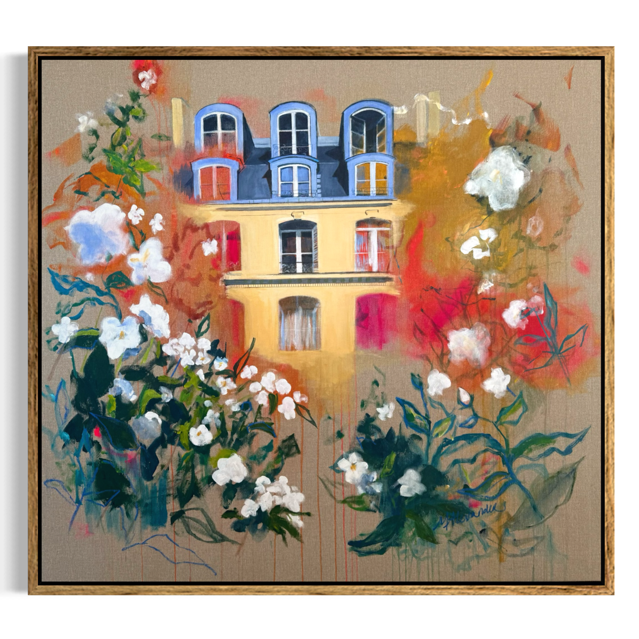 'Reflection' | Original acrylic & oil pastel on French linen, Paris architectural floral | 37x40"