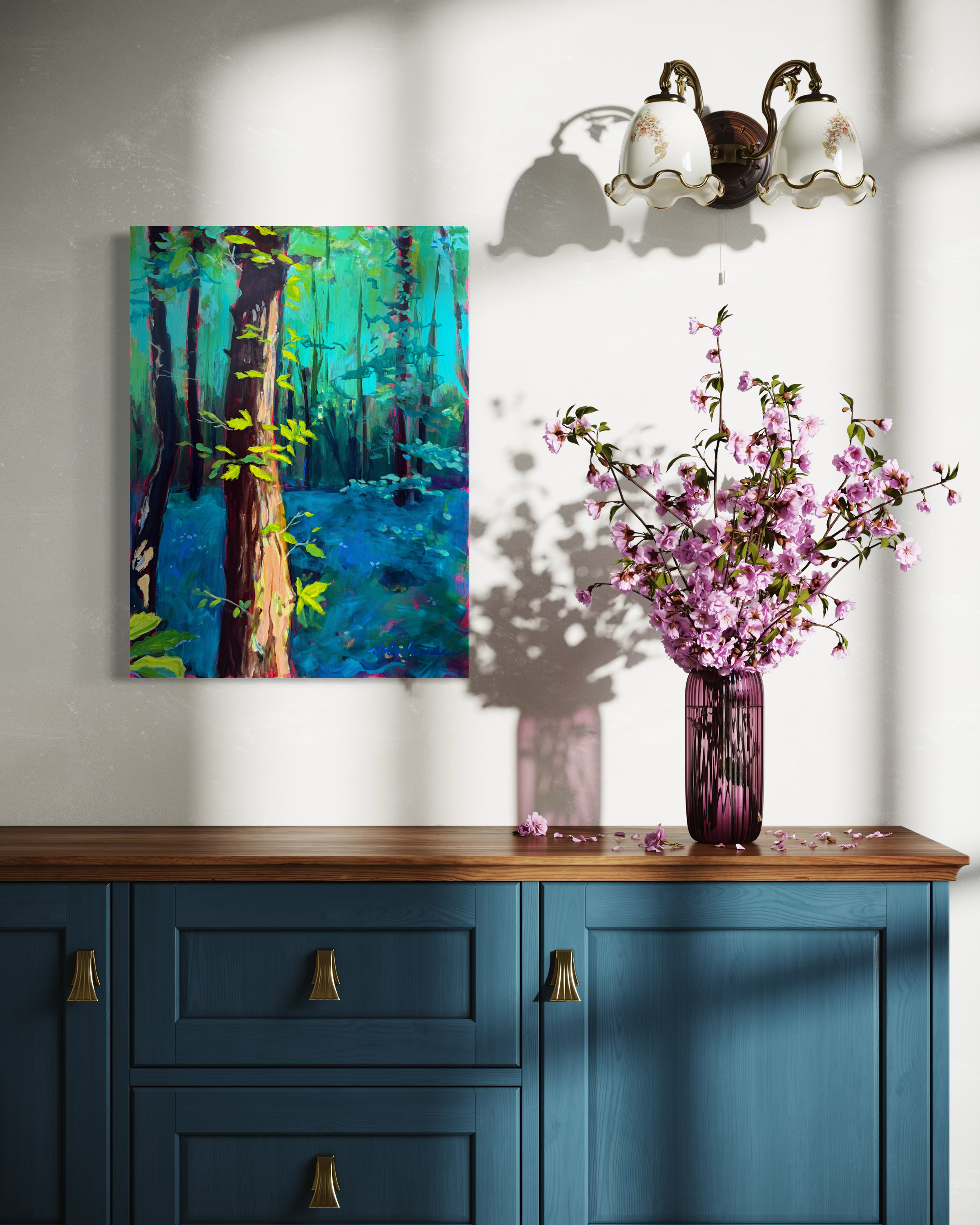 'Sunrise in the French Forest' original acrylic and oil pastel forest painting by Molly Alexander 18x24 inches, Carlsbad, CA artist