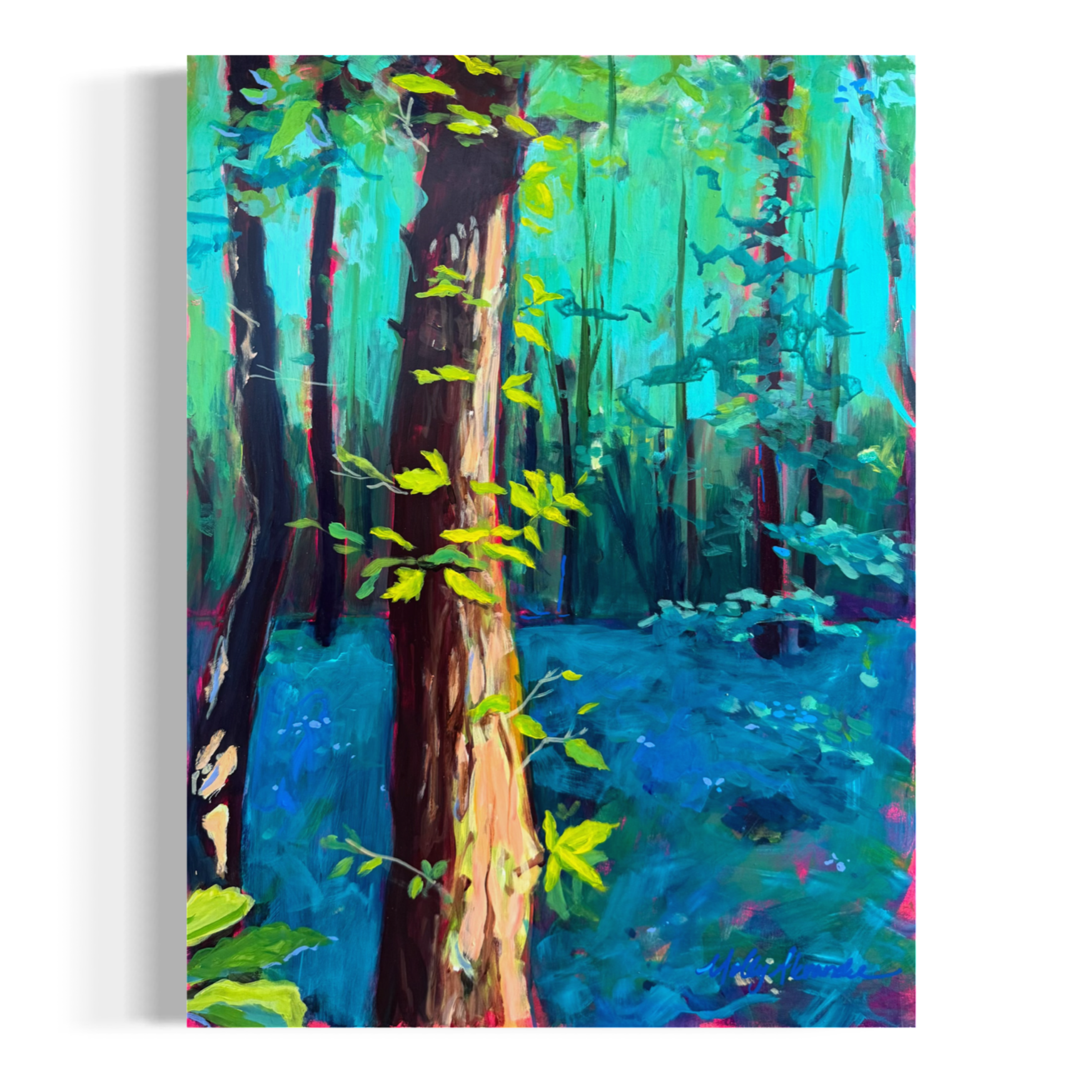 'Sunrise in the French Forest' | Acrylic and oil pastel on wood panel | 18x24"