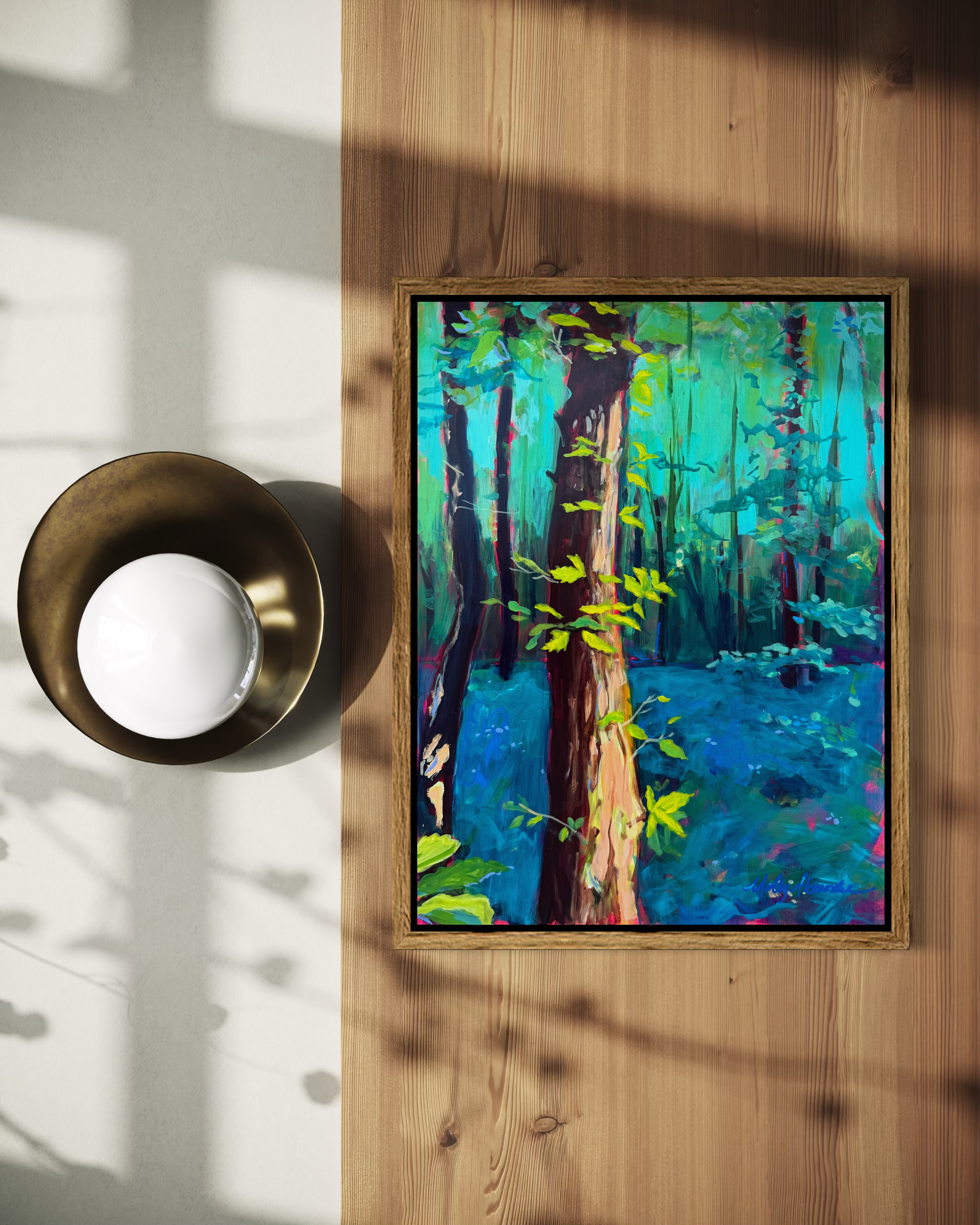 'Sunrise in the French Forest' original acrylic and oil pastel forest painting by Molly Alexander 18x24 inches, Carlsbad, CA artist