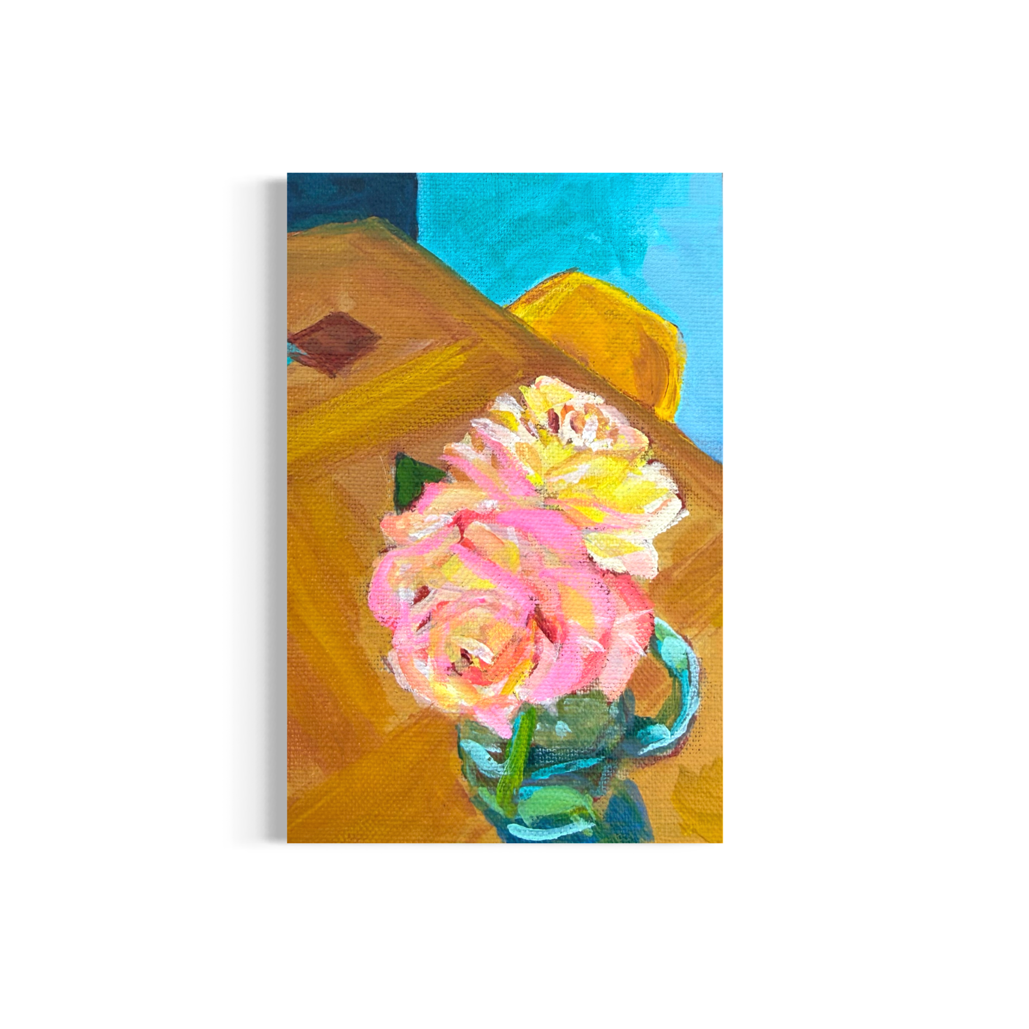56/100: Pink & Yellow Roses | Original Acrylic Painting on linen board, 4x6"