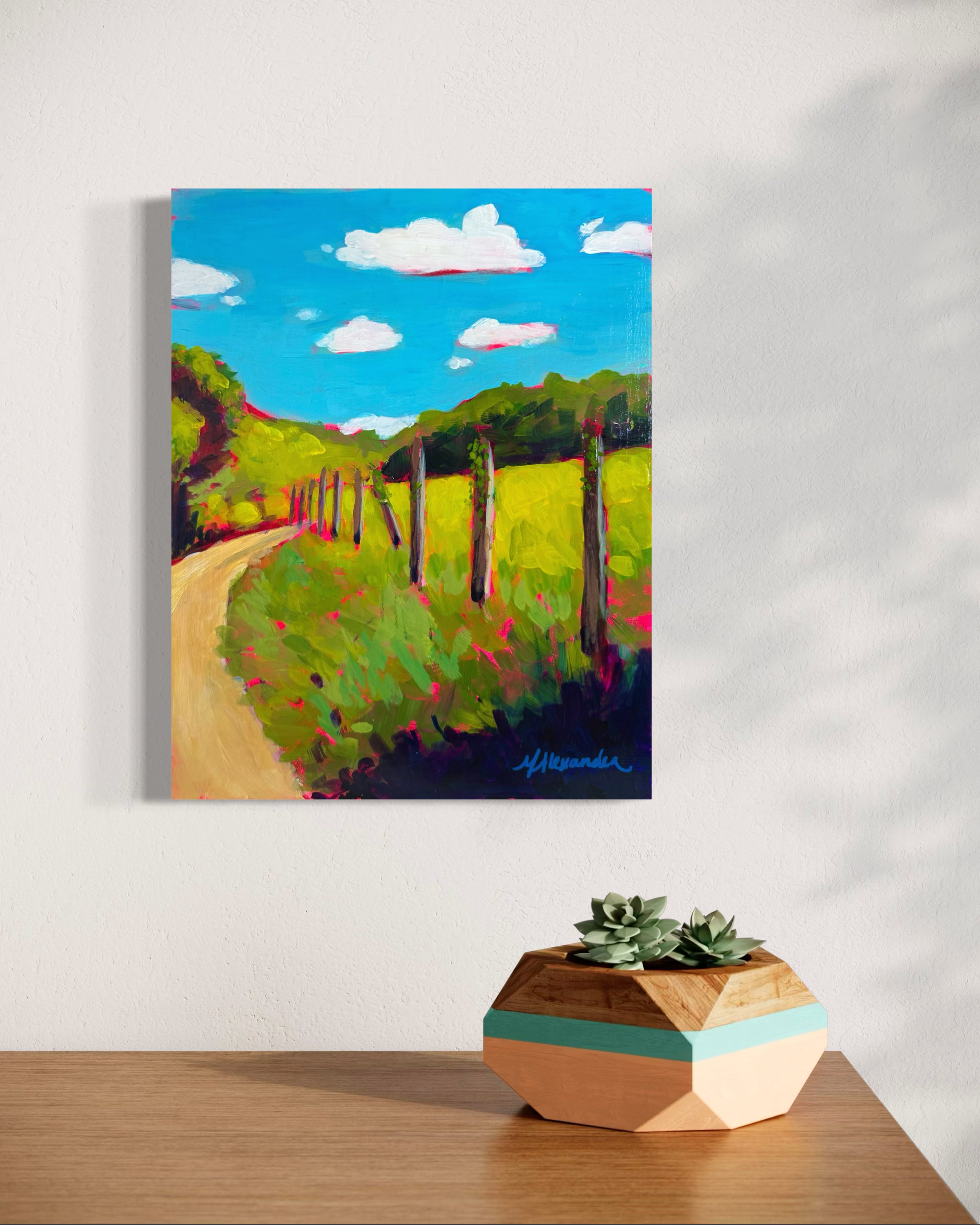 "La Marche de la Vache" original acrylic French countryside landscape painting by Molly Alexander, 11x14 inches, Carlsbad, CA artist