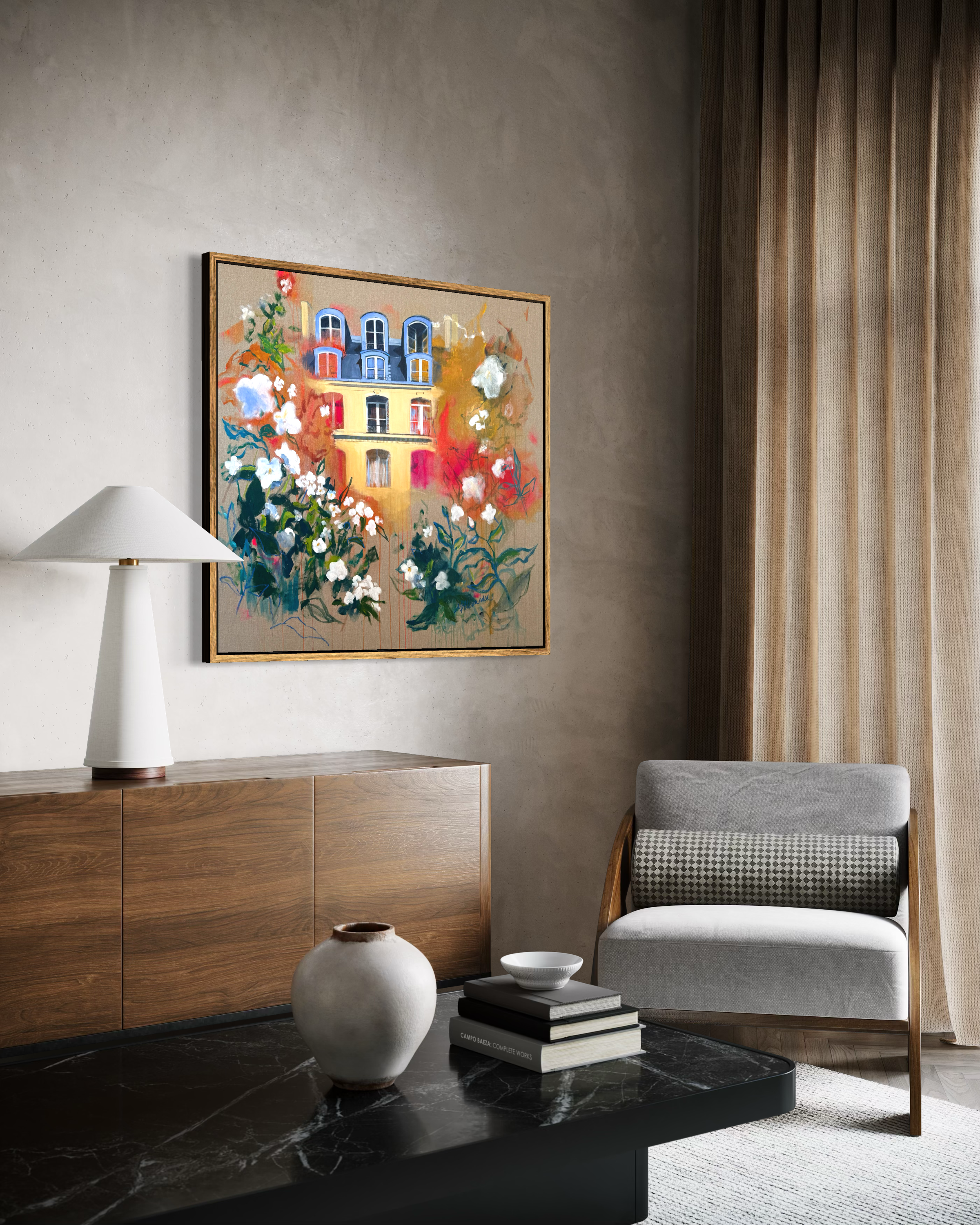 'Reflection' large original acrylic and oil pastel painting Paris Haussmann building white florals on French linen by Molly Alexander, 37x40 inches, Carlsbad CA artist