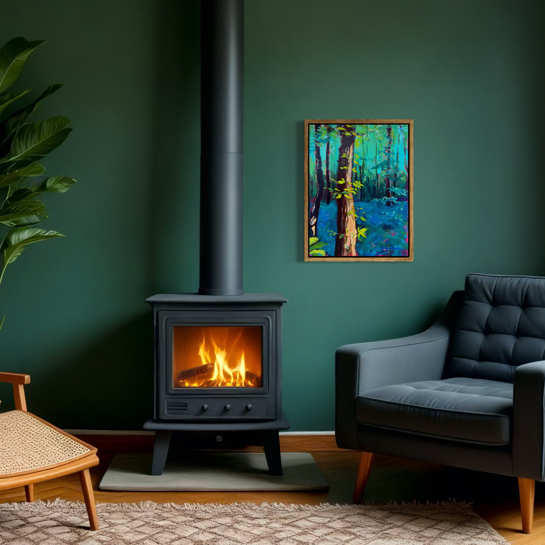 'Sunrise in the French Forest' original acrylic and oil pastel forest painting by Molly Alexander 18x24 inches, Carlsbad, CA artist