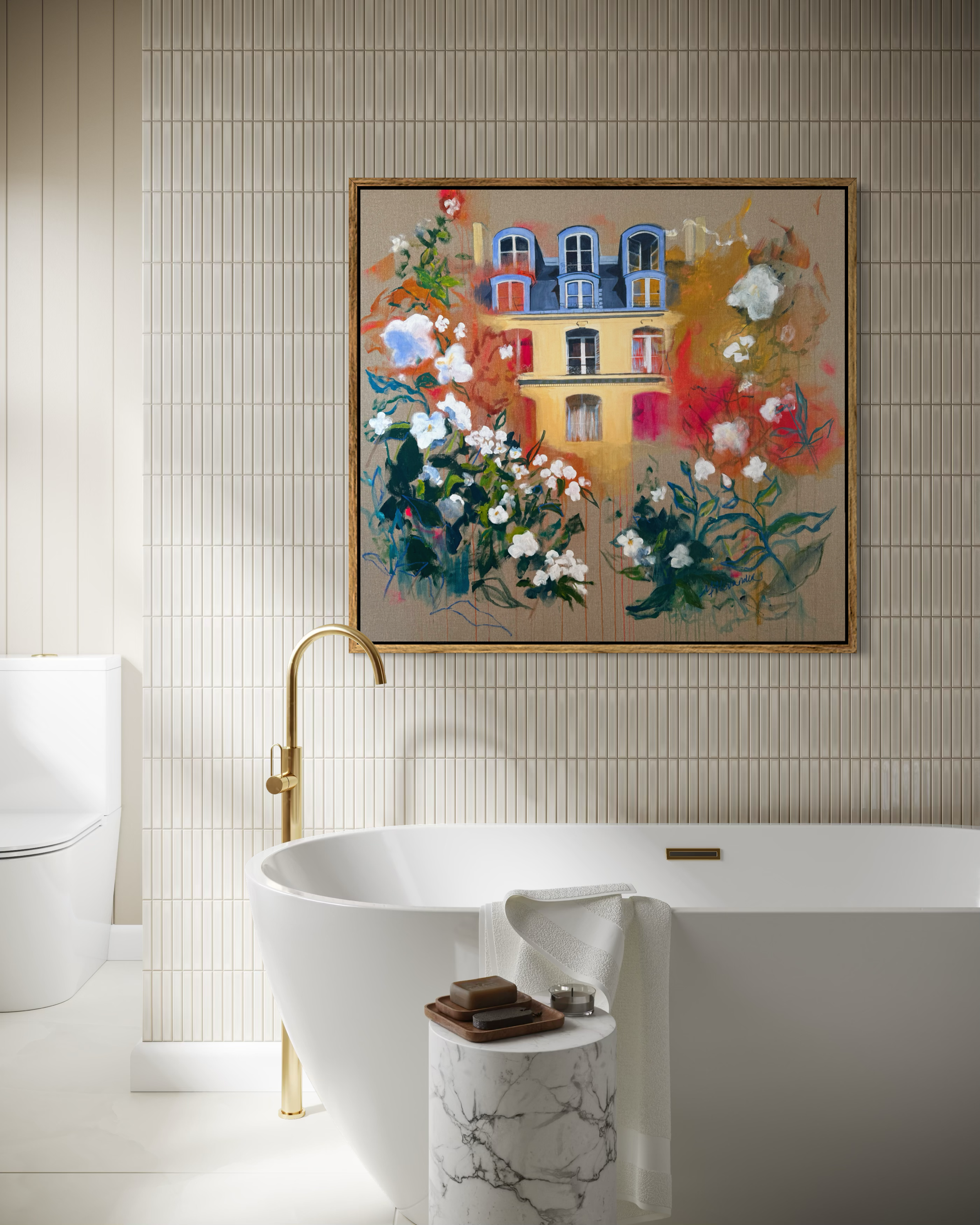 'Reflection' large original acrylic and oil pastel painting Paris Haussmann building white florals on French linen by Molly Alexander, 37x40 inches, Carlsbad CA artist