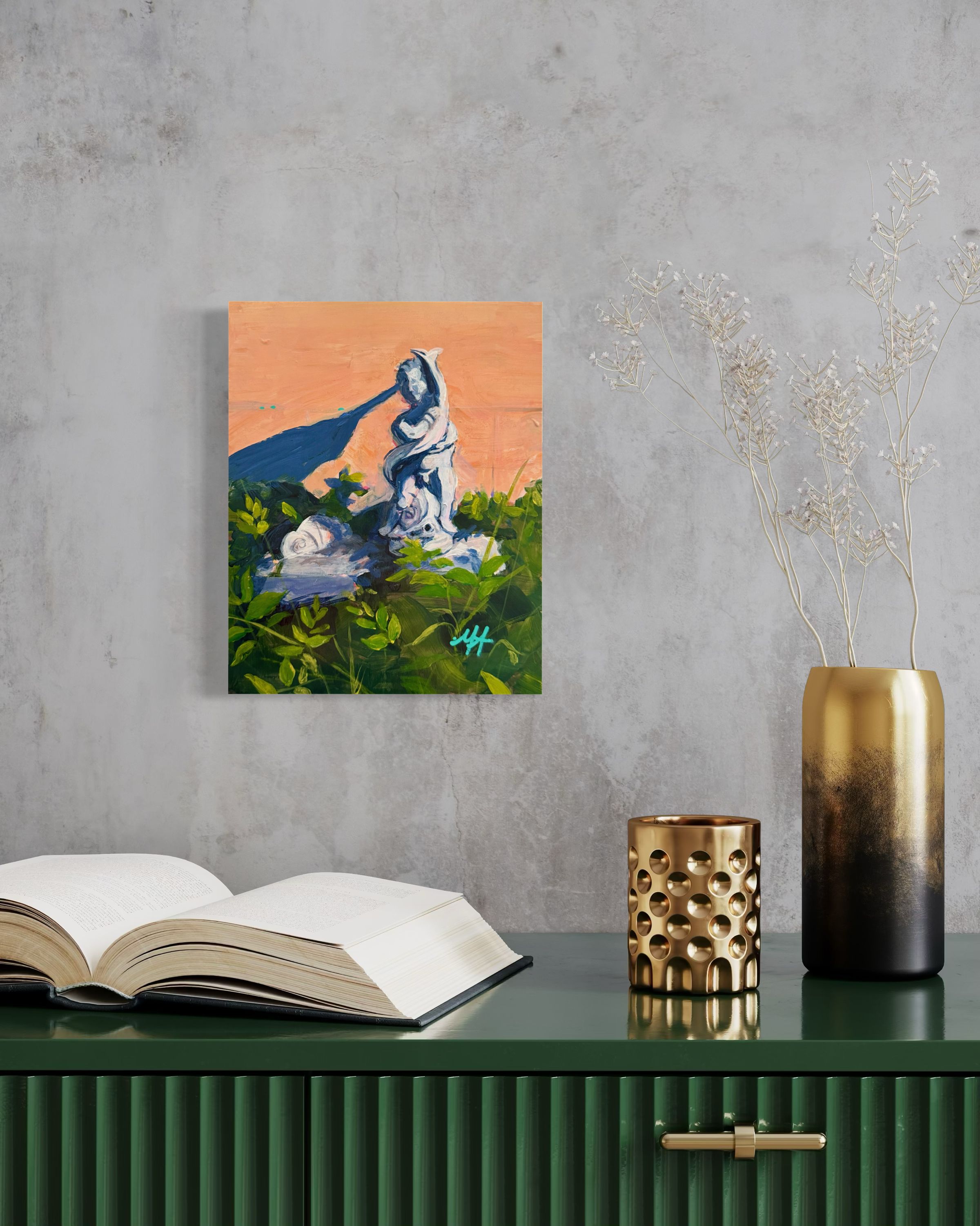 'Studio Commute'  original acrylic and oil pastel garden statue painting by Molly Alexander 8x10 inches, Carlsbad CA Artist