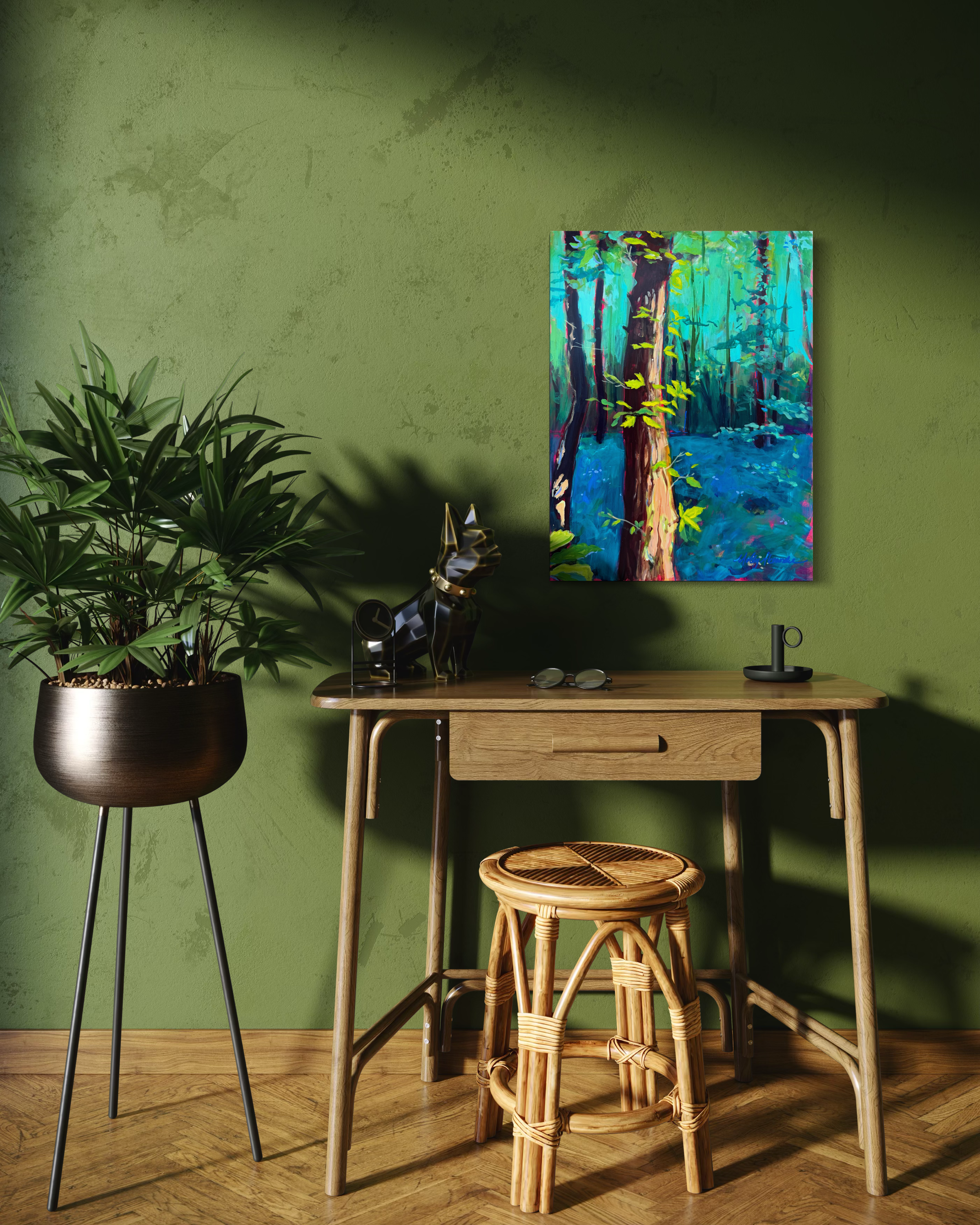 'Sunrise in the French Forest' original acrylic and oil pastel forest painting by Molly Alexander 18x24 inches, Carlsbad, CA artist