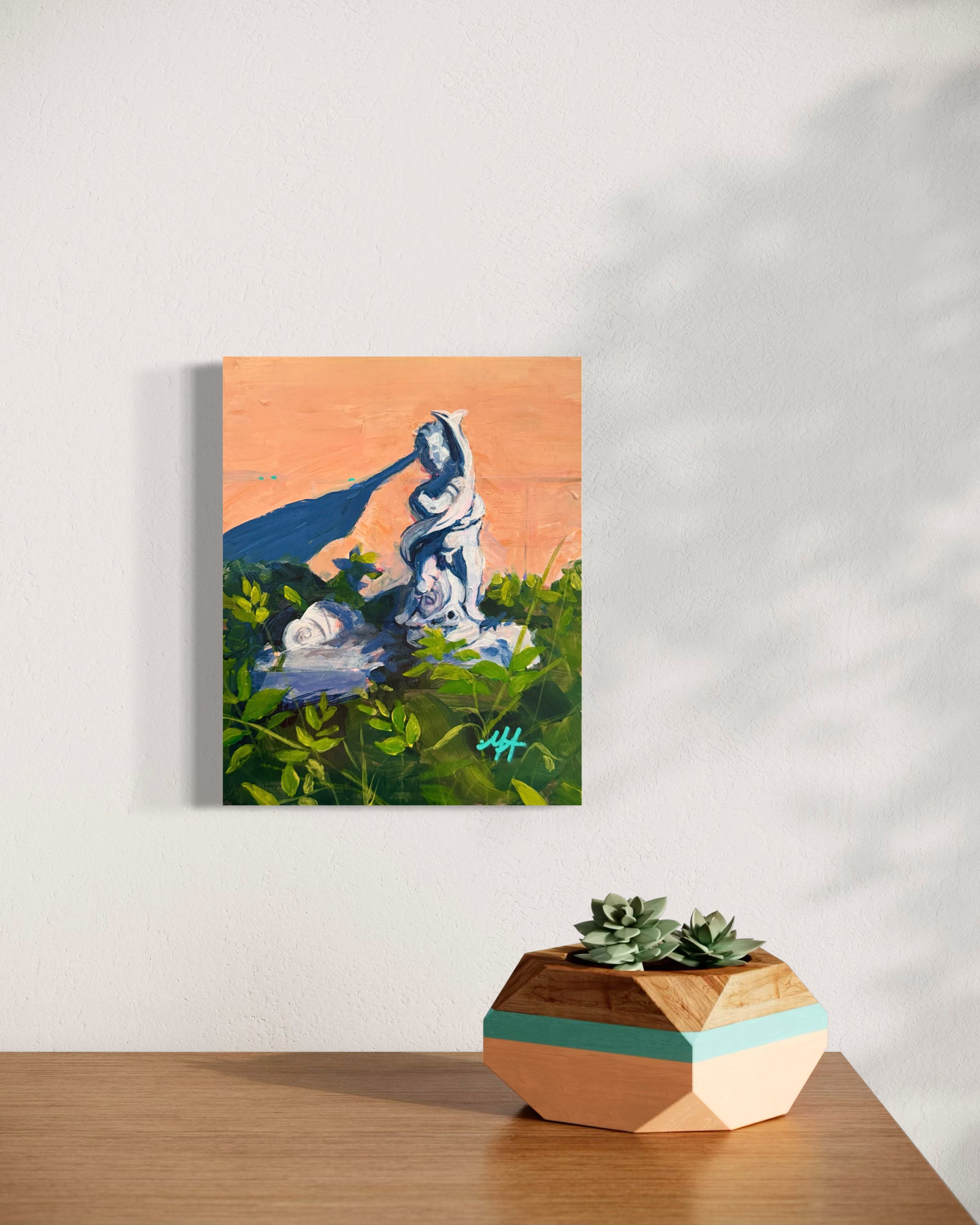 'Studio Commute'  original acrylic and oil pastel garden statue painting by Molly Alexander 8x10 inches, Carlsbad CA Artist