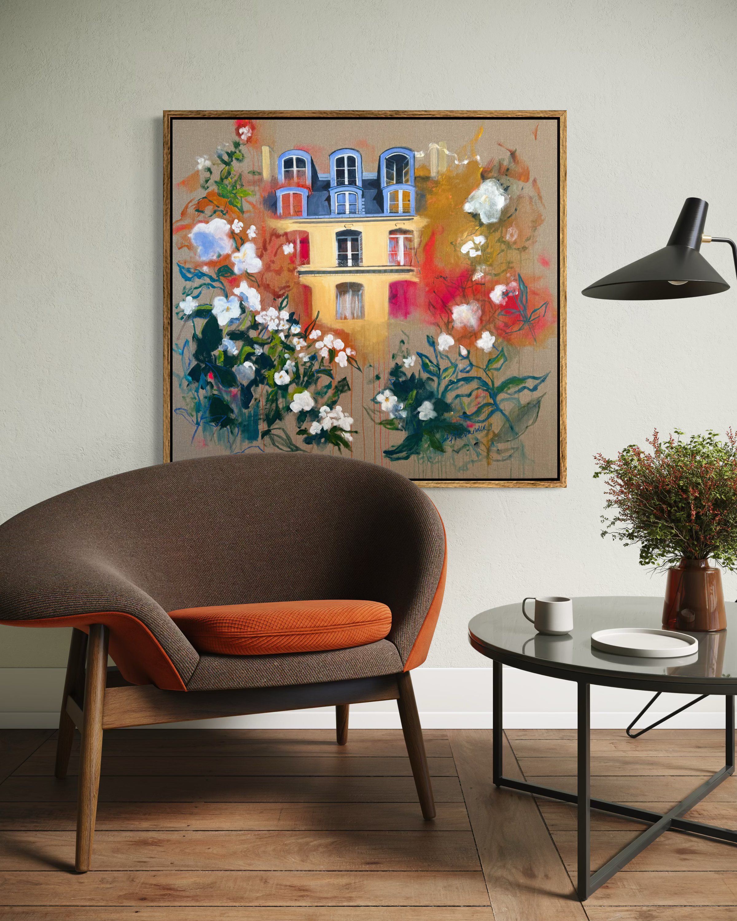 'Reflection' large original acrylic and oil pastel painting Paris Haussmann building white florals on French linen by Molly Alexander, 37x40 inches, Carlsbad CA artist