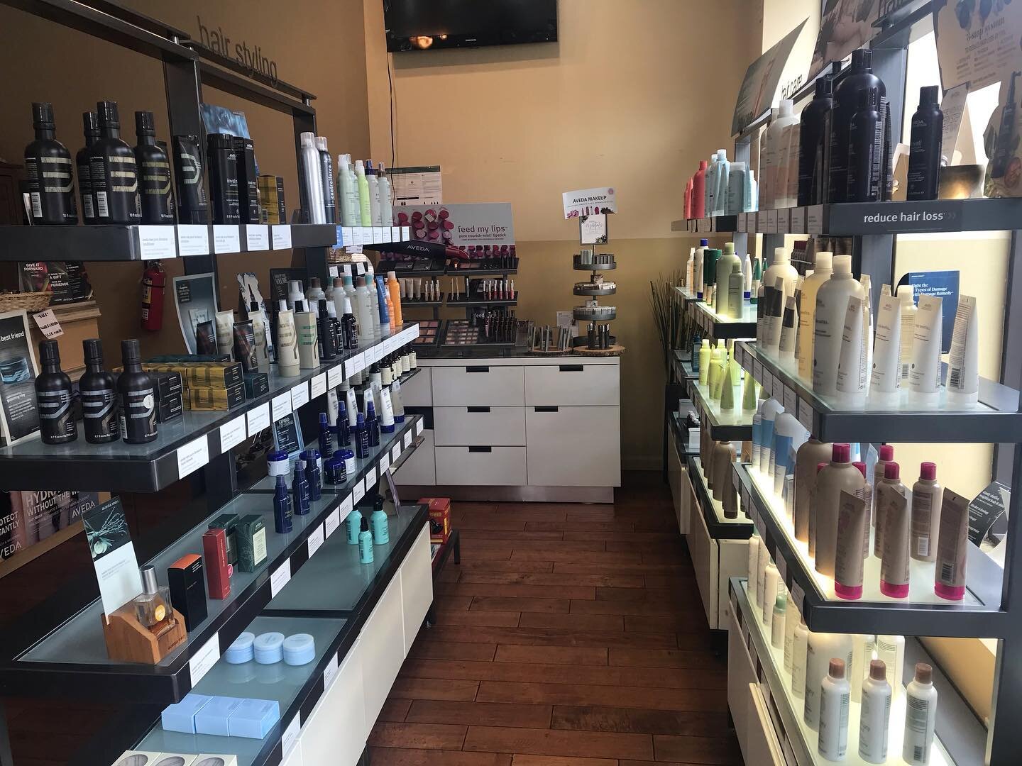 Shelves and shelves of Aveda products 😍. #aveda #avedasalon #naturalhairproducts #brooklynsalon