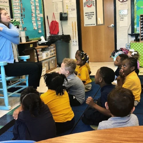 Tori Rokicki teaches a whole-group social-emotional learning lesson to a kindergarten class.