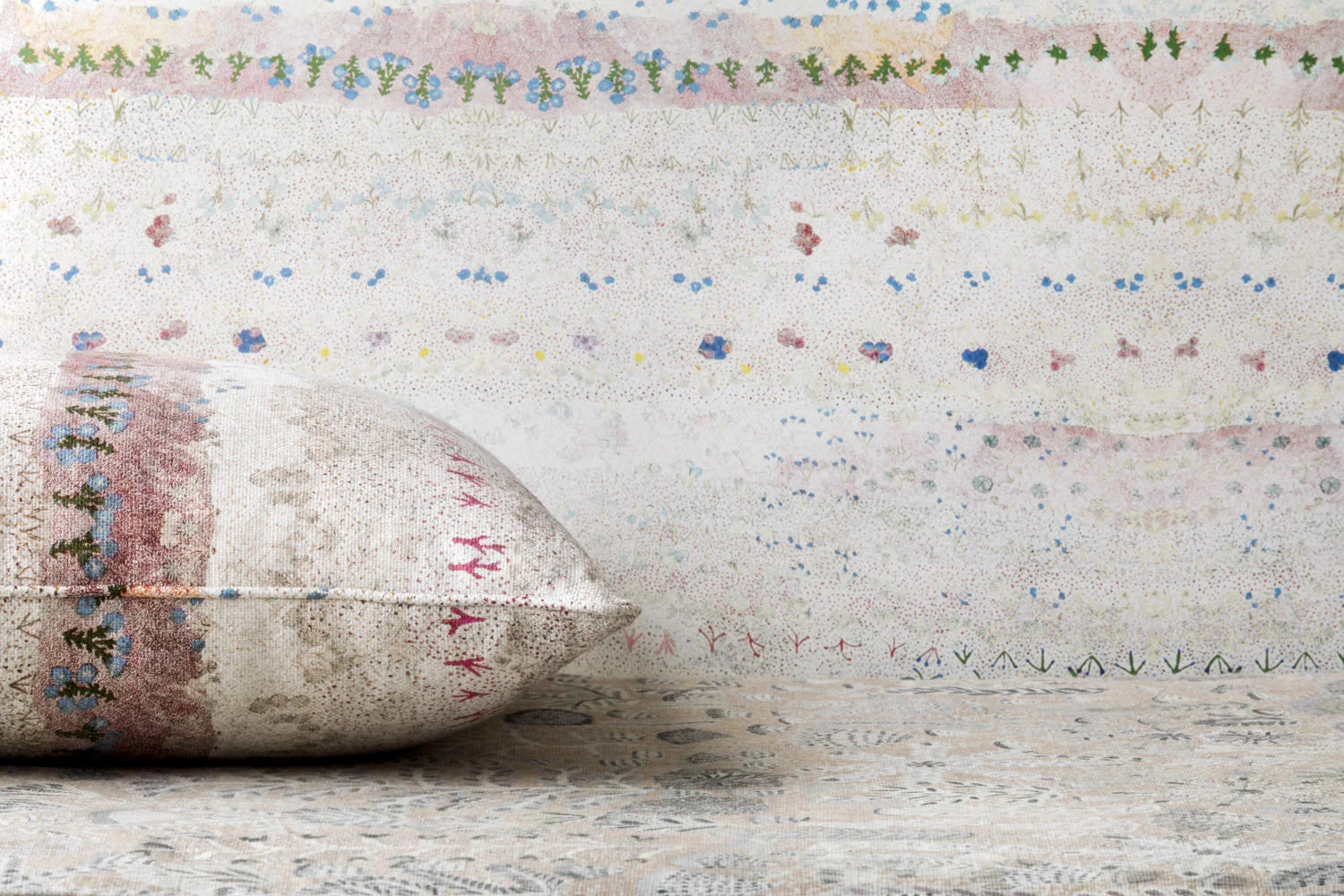 Willie Weston_Ampilatwatja Collection_fabric and wallpaper_Singing Bush Medicine_High Noon Cushion and Day Break wallpaper