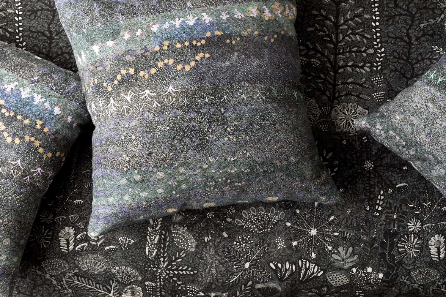 Willie Weston_Ampilatwatja Collection_fabric_Singing Bush Medicine_ Night Sky Cushions and Sugarbag Dreaming_Riverbed