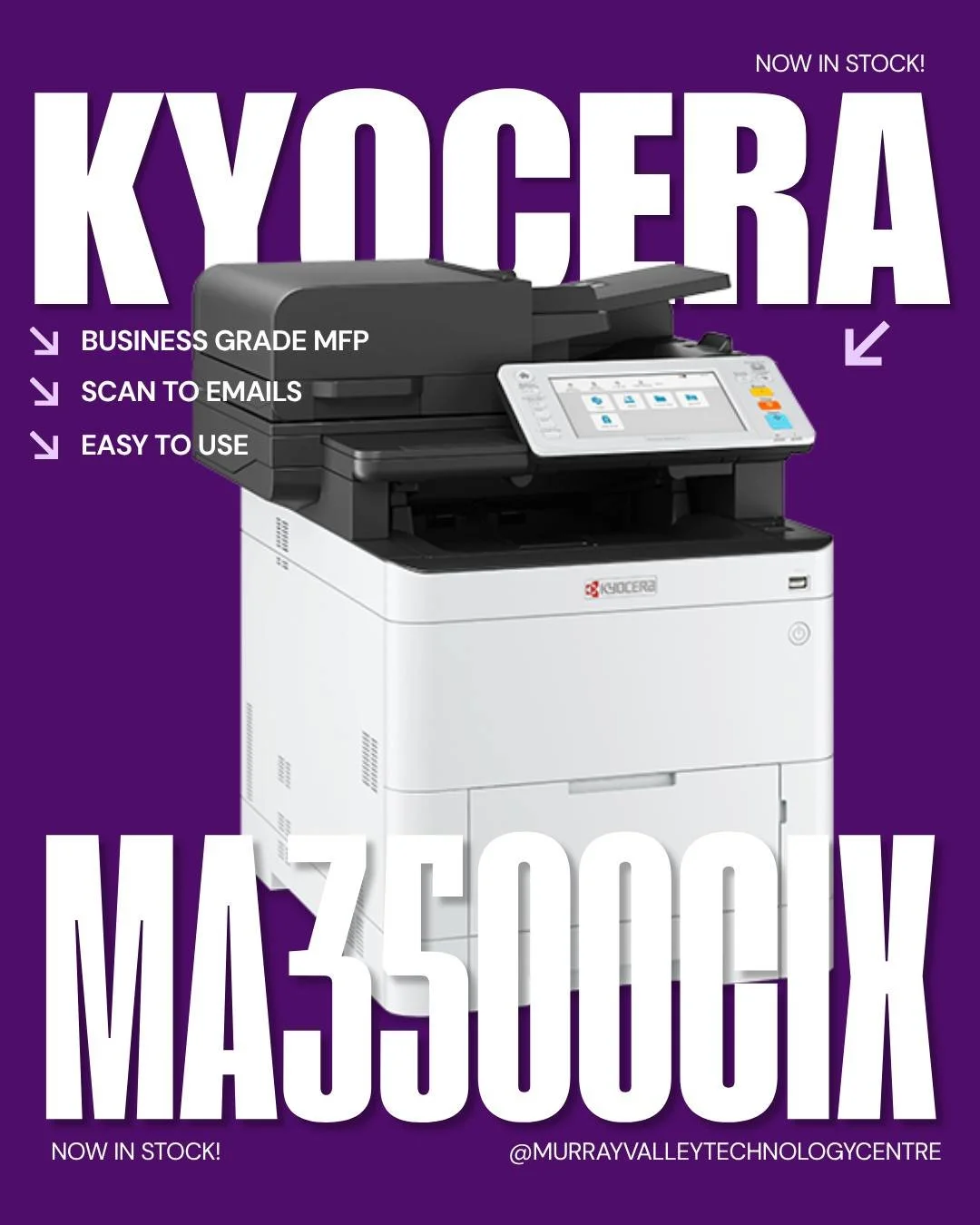 Running a small business means no time for printer headaches. 🤕

The Kyocera ECOSYS MA3500cix just landed and it's built to keep up with your day - up to 35 pages per minute in color at 1,200 dpi, double-sided printing standard, and a ceramic drum b