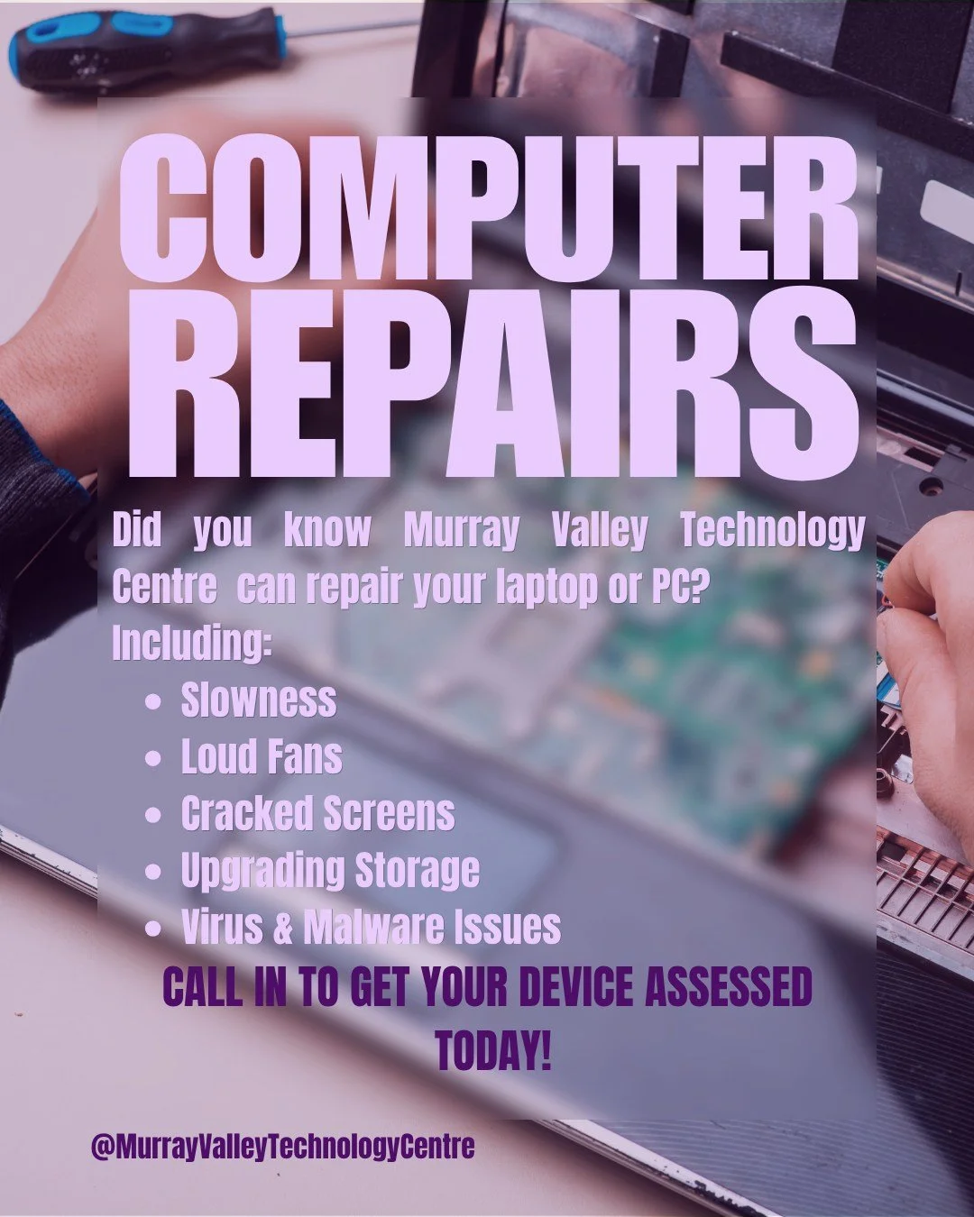💻 Laptop or PC playing up? We can help! Did you know Murray Valley Technology Centre offers full computer repair services? Whether it's running slow, sounding like a jet engine, or just not working the way it used to - we've got you covered.

We fix