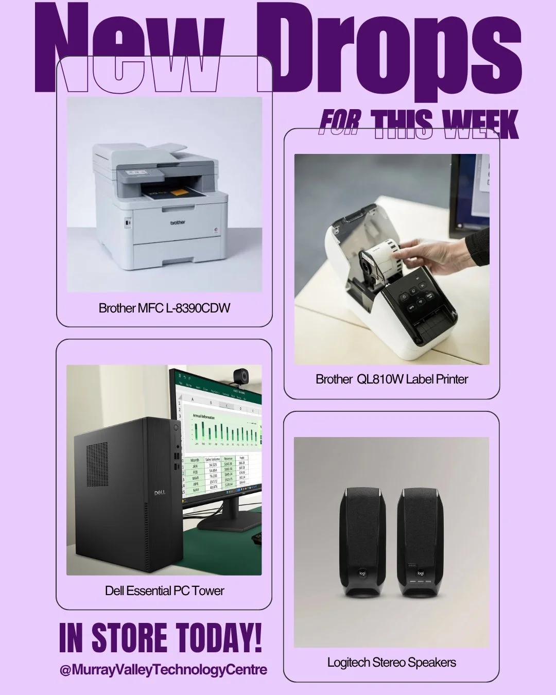 New drops just landed! 💜 
Brother MFC L-8390CDW, Brother QL810W label printer, Dell Essential PC Tower and Logitech speakers. 
In store today. Come see what you&rsquo;ve been missing! 🖨️💻🔊
