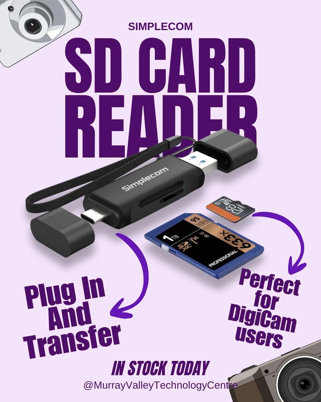 Digicam girlies and guys, this one&rsquo;s for you 📸

The photos are great. the problem is they&rsquo;re still stuck on your SD card.
The Simplecom SD Card Reader is in stock today. Plug in, Transfer, Done. 🔌

✅ SD + microSD slots
✅ USB-C and USB-A