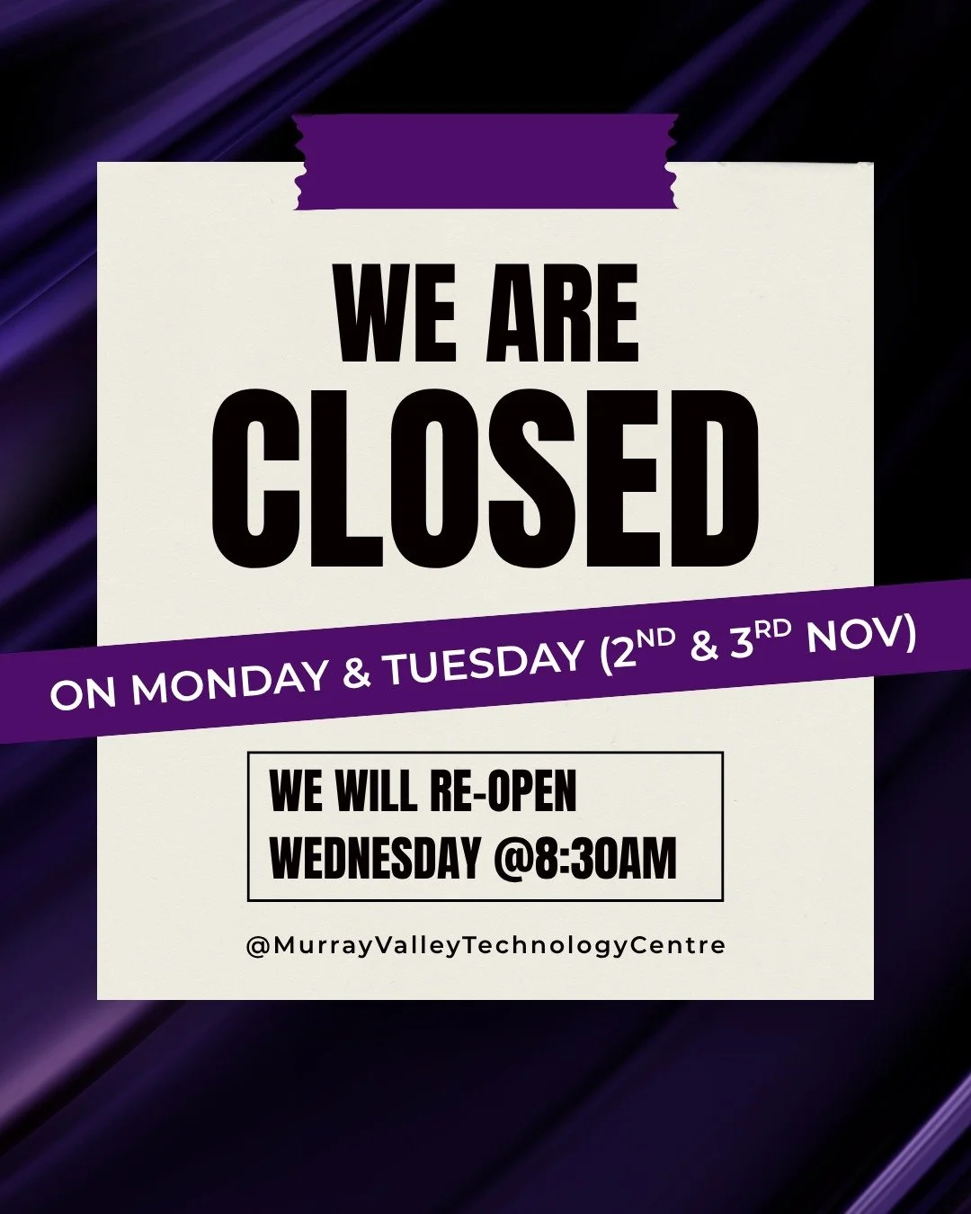 ❗C L O S E D ❗
MVTC will be closed this following Monday and Tuesday for the Melbourne races and an extra long weekend! 🏇

Apologies for any inconveniences and we will see you all Wednesday at 8:30am. 😊