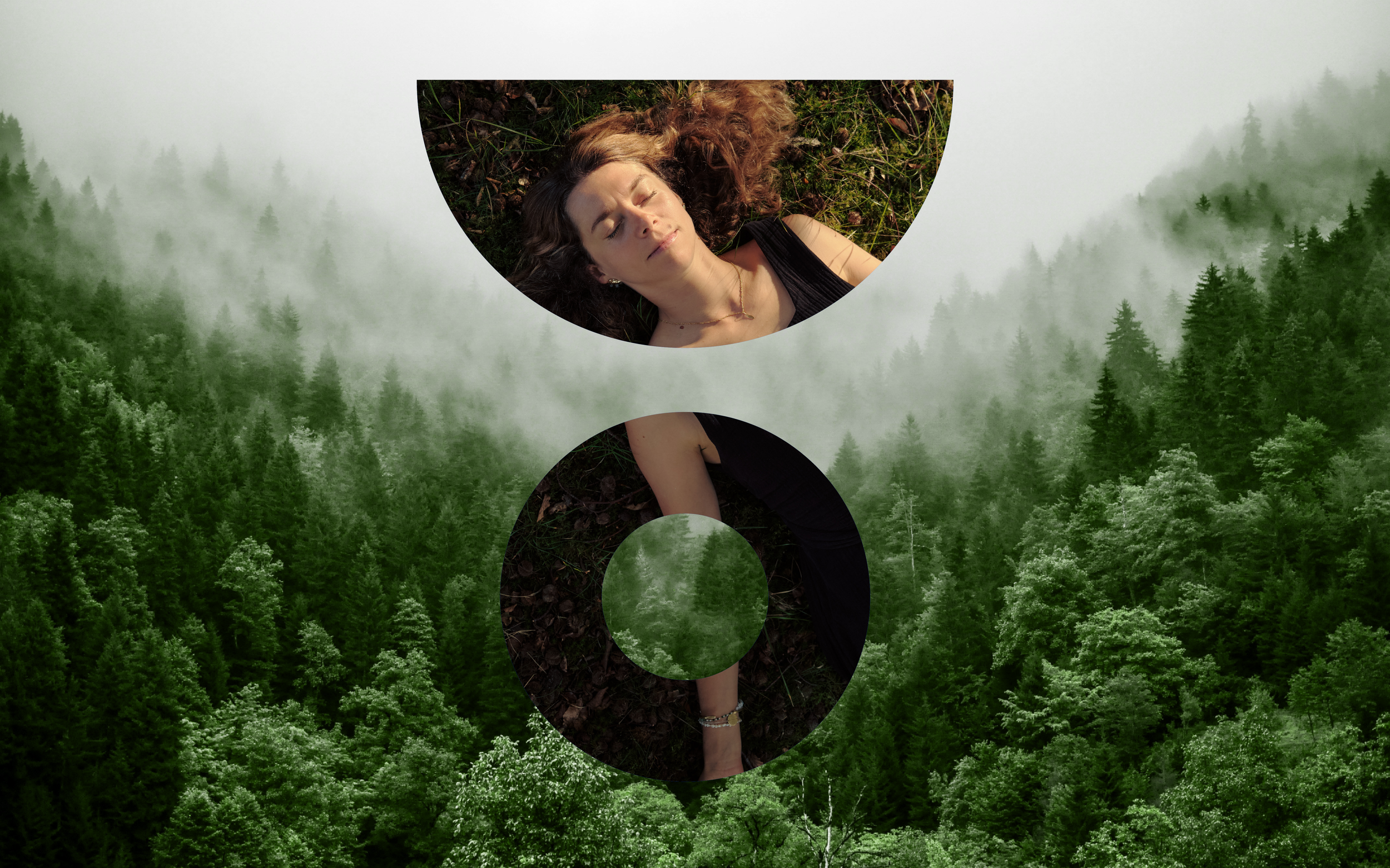 Woman meditated on the grass, behind is a misty forest
