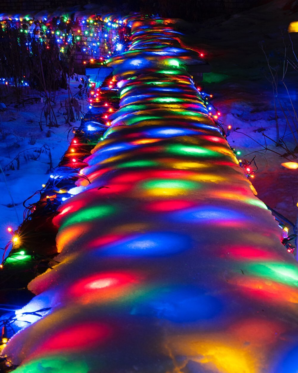 What to do as a night photographer when winter brings cloudy skies and snow? Simply string colored lights along the top of a small stone wall, as is the case here in the Minnesota Landscape Arboretum, and wait for the magic to happen! Here, you can s